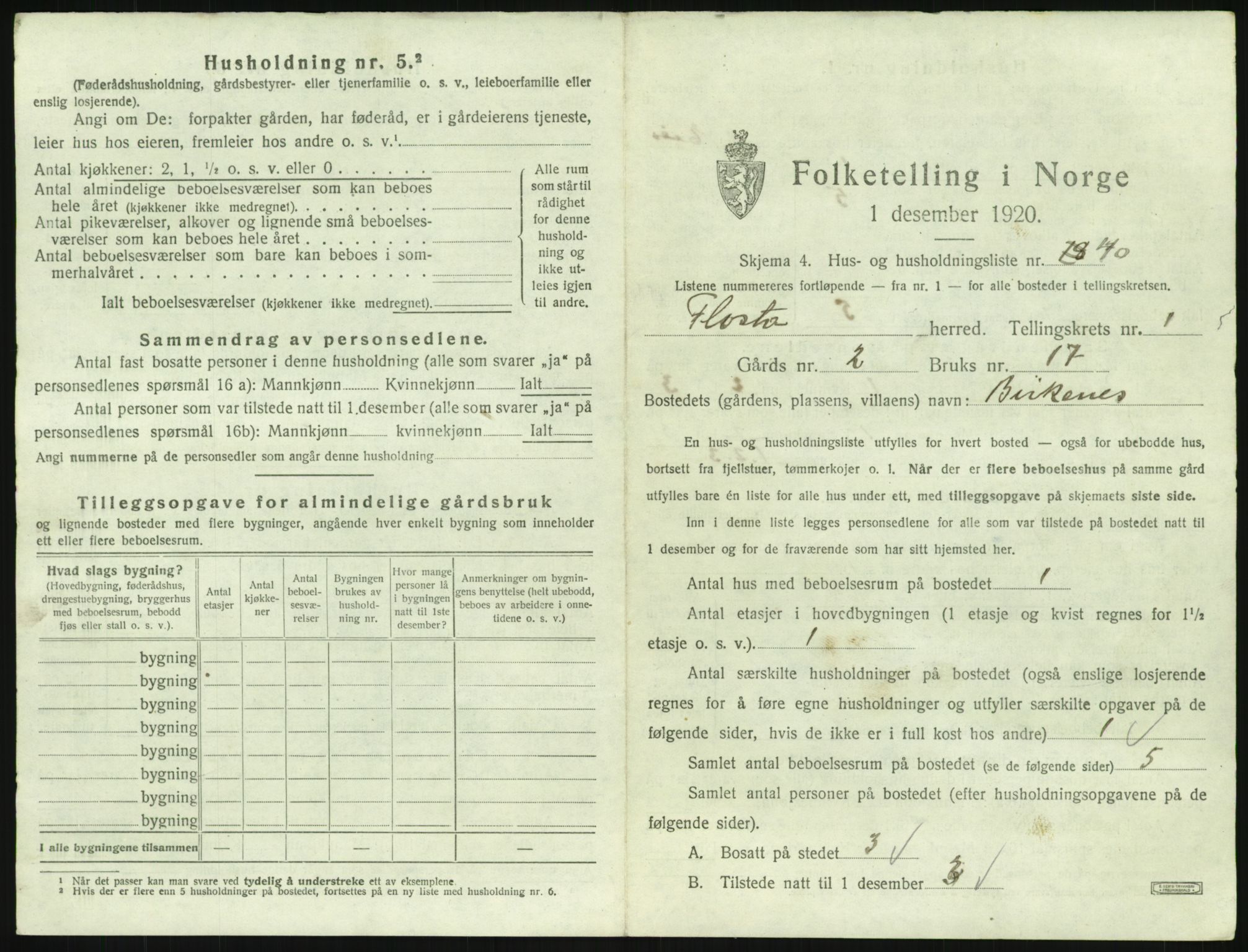 SAK, 1920 census for Flosta, 1920, p. 106