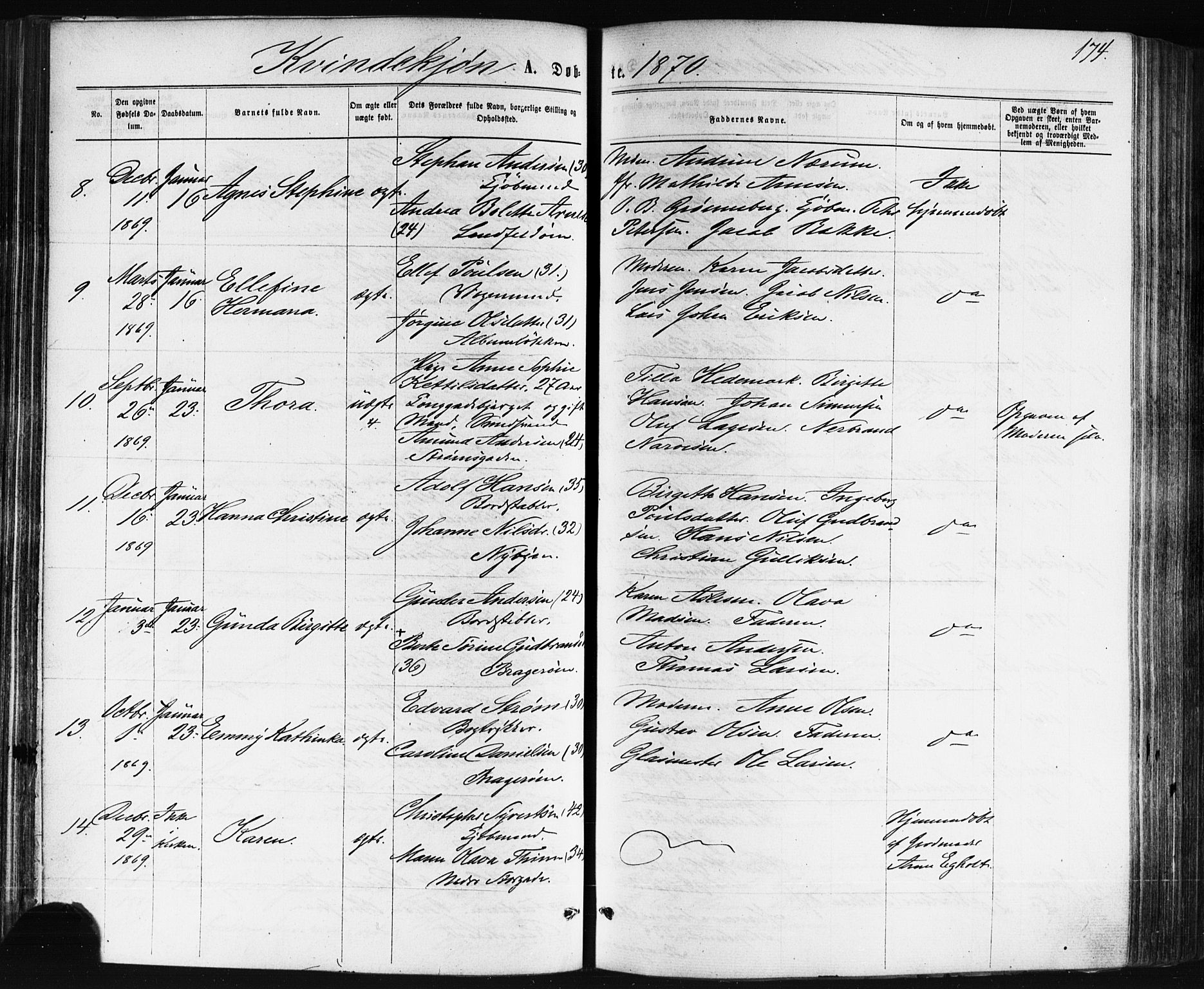 Bragernes kirkebøker, AV/SAKO-A-6/F/Fb/L0004: Parish register (official) no. II 4, 1869-1875, p. 174