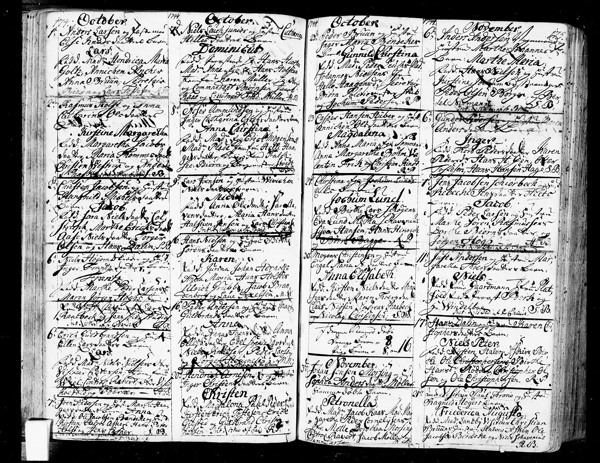 Oslo domkirke Kirkebøker, SAO/A-10752/F/Fa/L0004: Parish register (official) no. 4, 1743-1786, p. 174-175