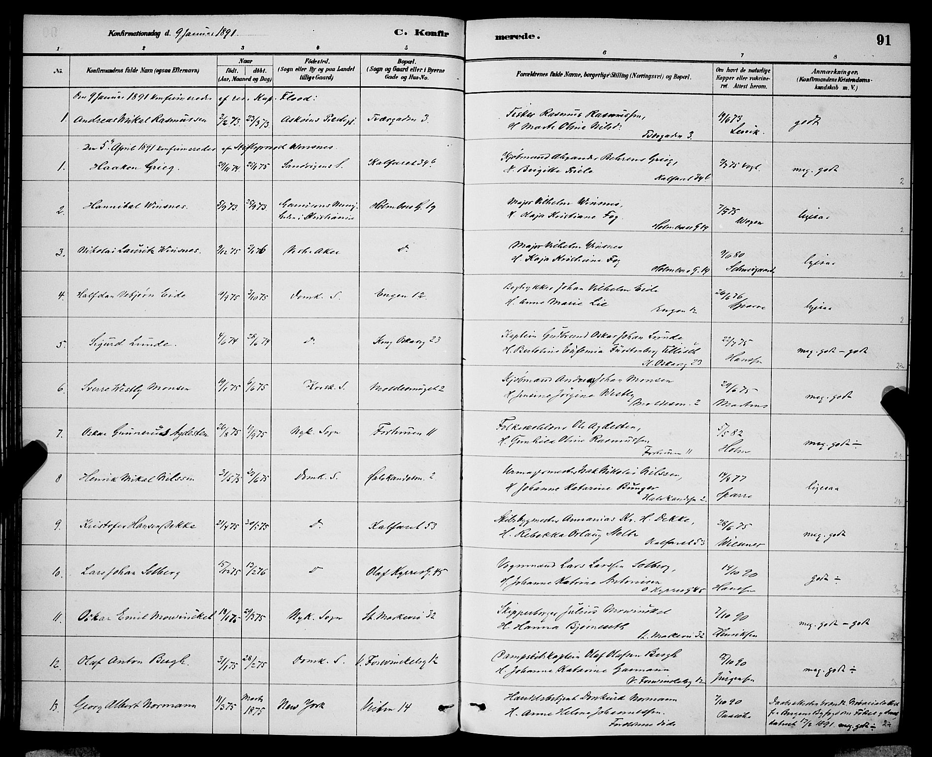 Domkirken sokneprestembete, SAB/A-74801/H/Hab/L0024: Parish register (copy) no. C 4, 1880-1899, p. 91