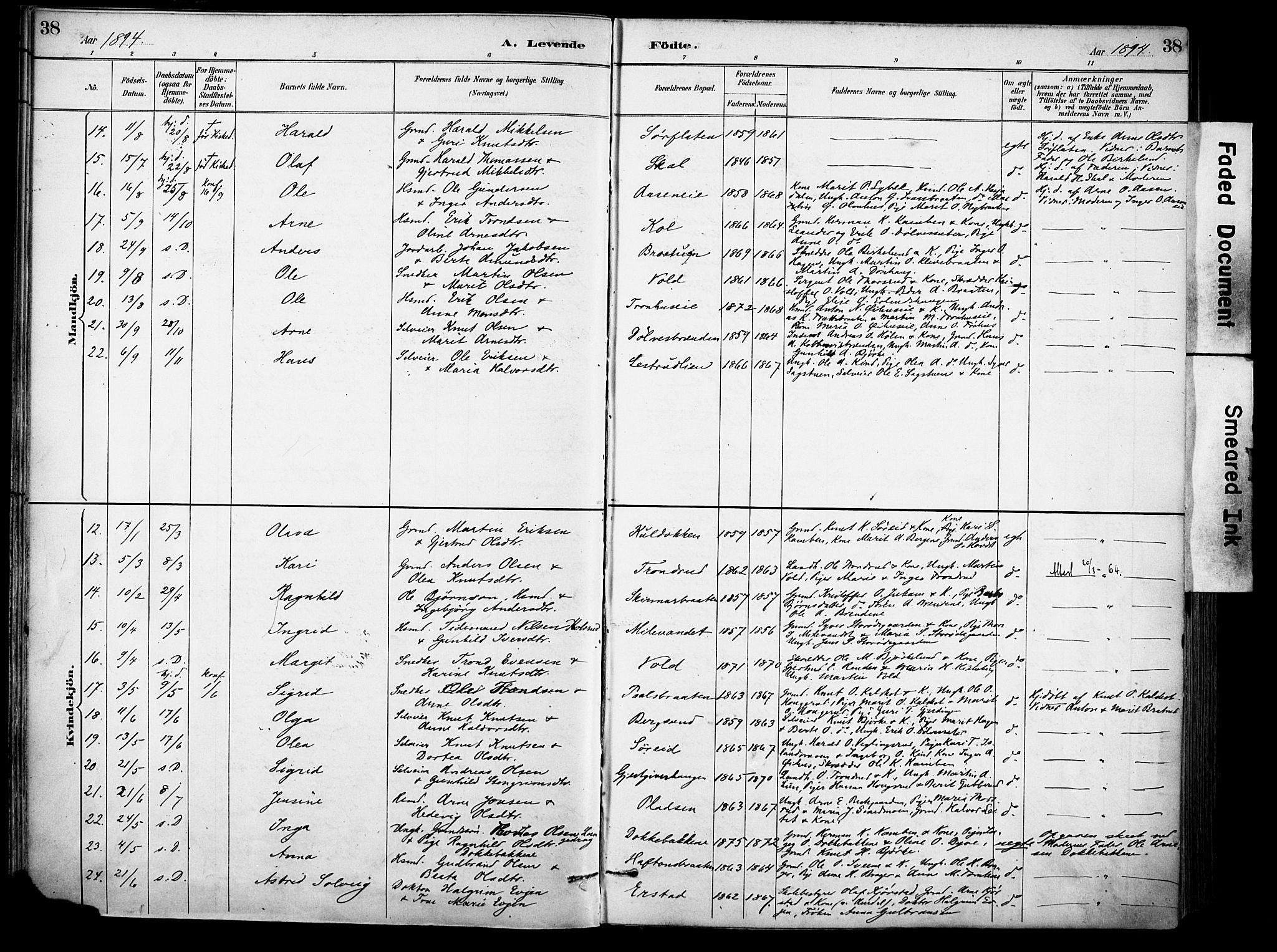 Sør-Aurdal prestekontor, SAH/PREST-128/H/Ha/Haa/L0009: Parish register (official) no. 9, 1886-1906, p. 38