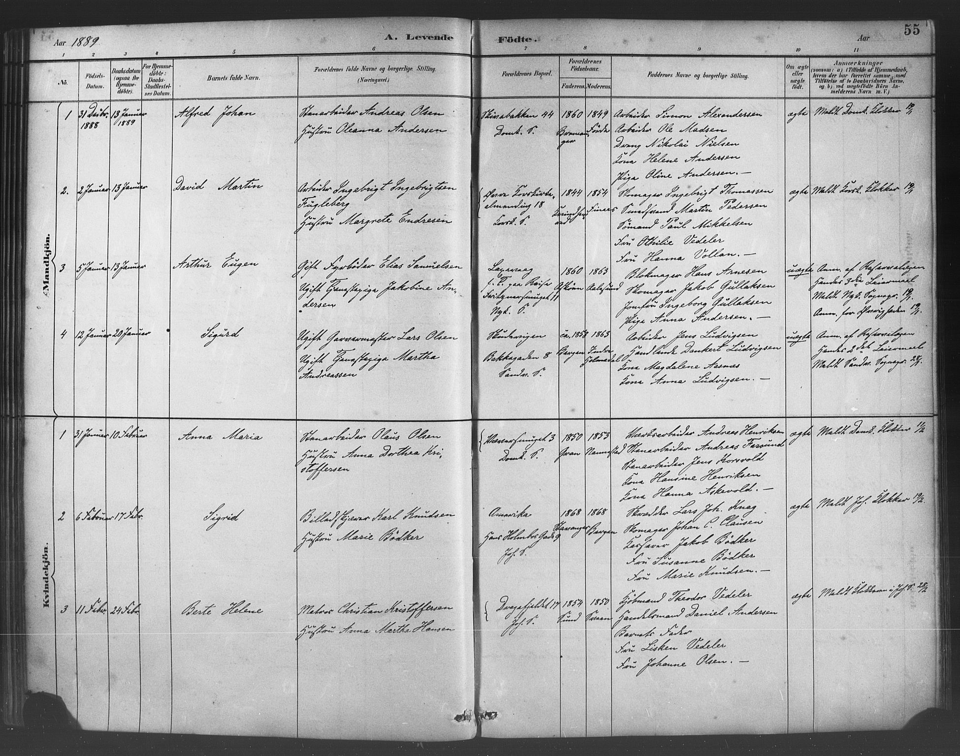 Fødselsstiftelsens sokneprestembete*, SAB/-: Parish register (official) no. A 2, 1884-1900, p. 55