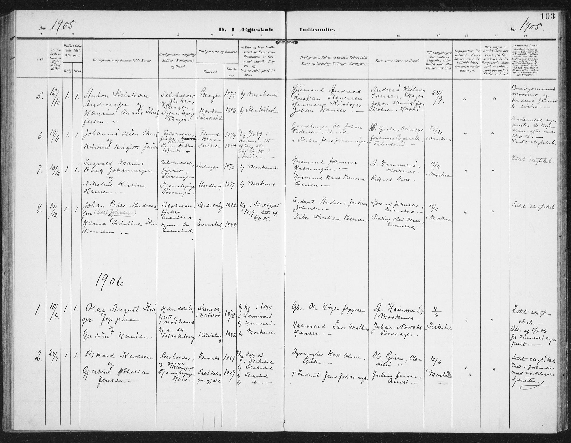 Ministerialprotokoller, klokkerbøker og fødselsregistre - Nordland, AV/SAT-A-1459/886/L1221: Parish register (official) no. 886A03, 1903-1913, p. 103