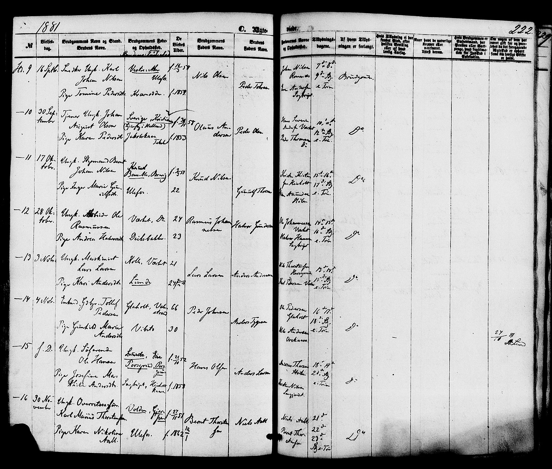 Holla kirkebøker, AV/SAKO-A-272/F/Fa/L0007: Parish register (official) no. 7, 1869-1881, p. 222