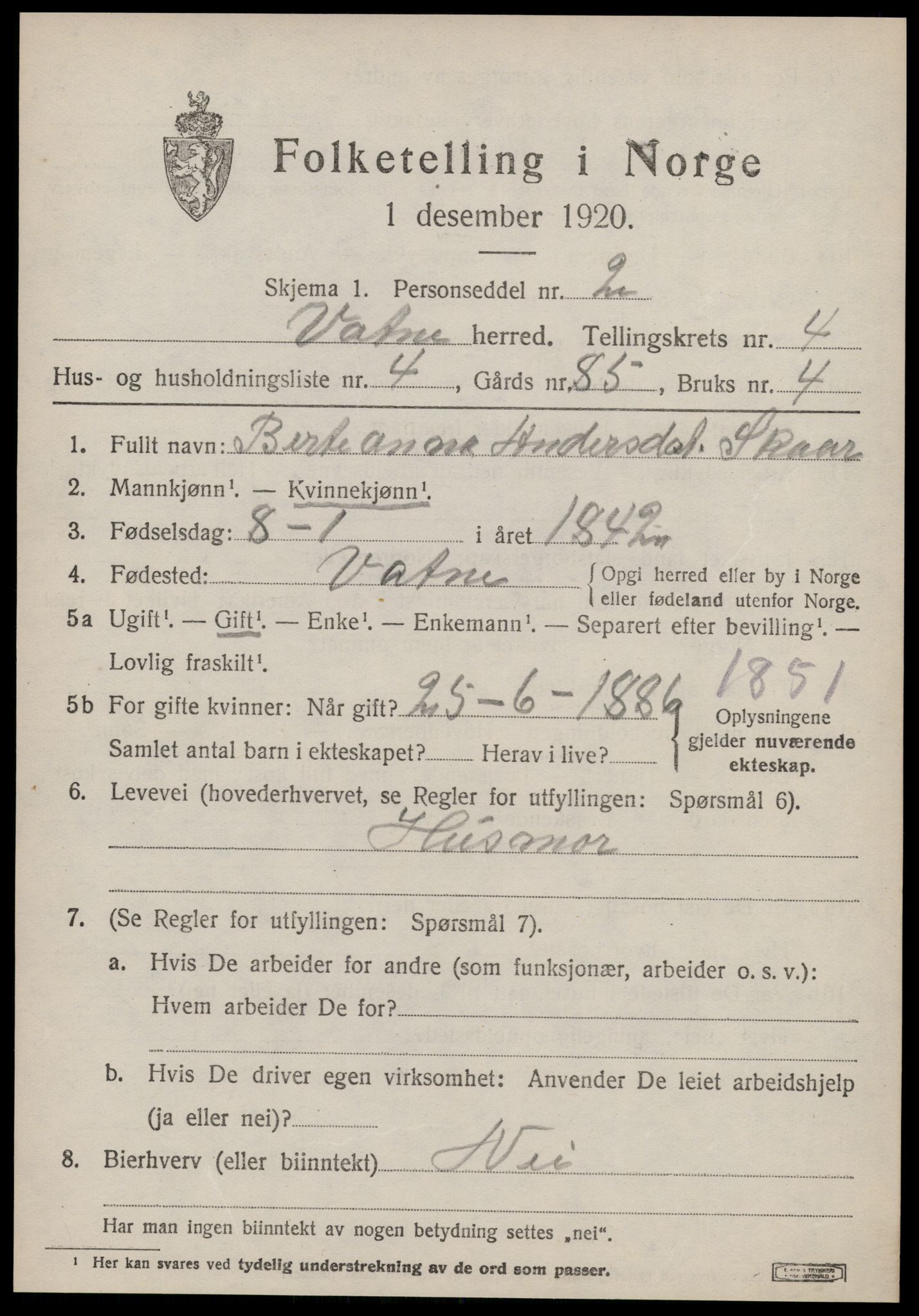 SAT, 1920 census for Vatne, 1920, p. 1858