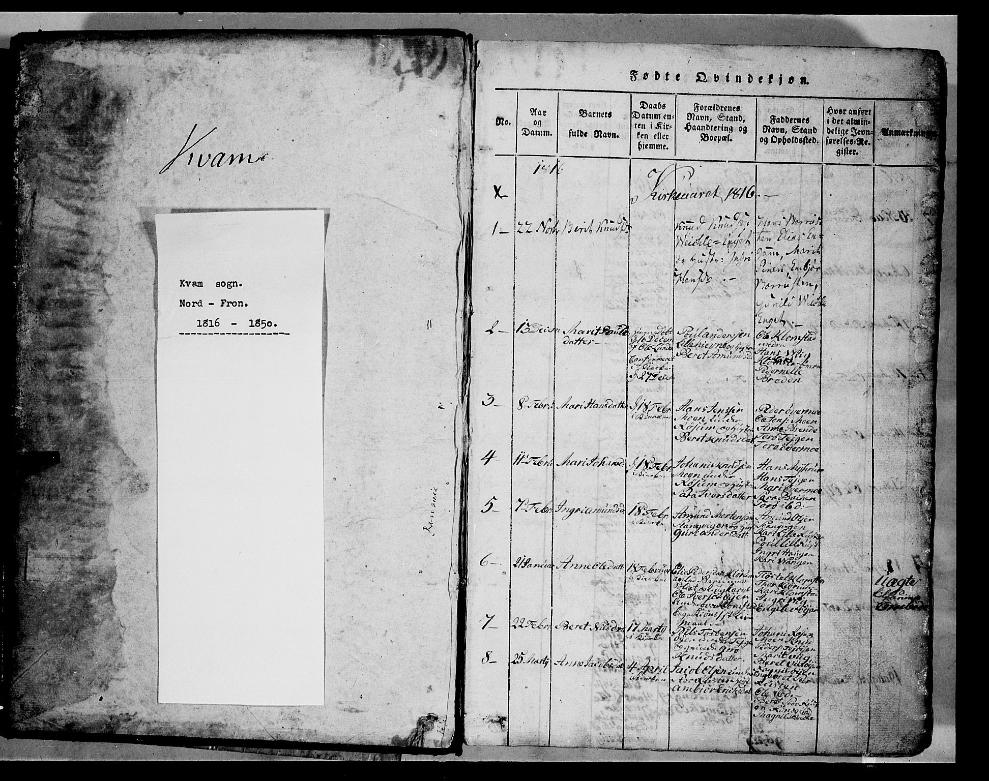 Fron prestekontor, SAH/PREST-078/H/Ha/Hab/L0002: Parish register (copy) no. 2, 1816-1850, p. 1