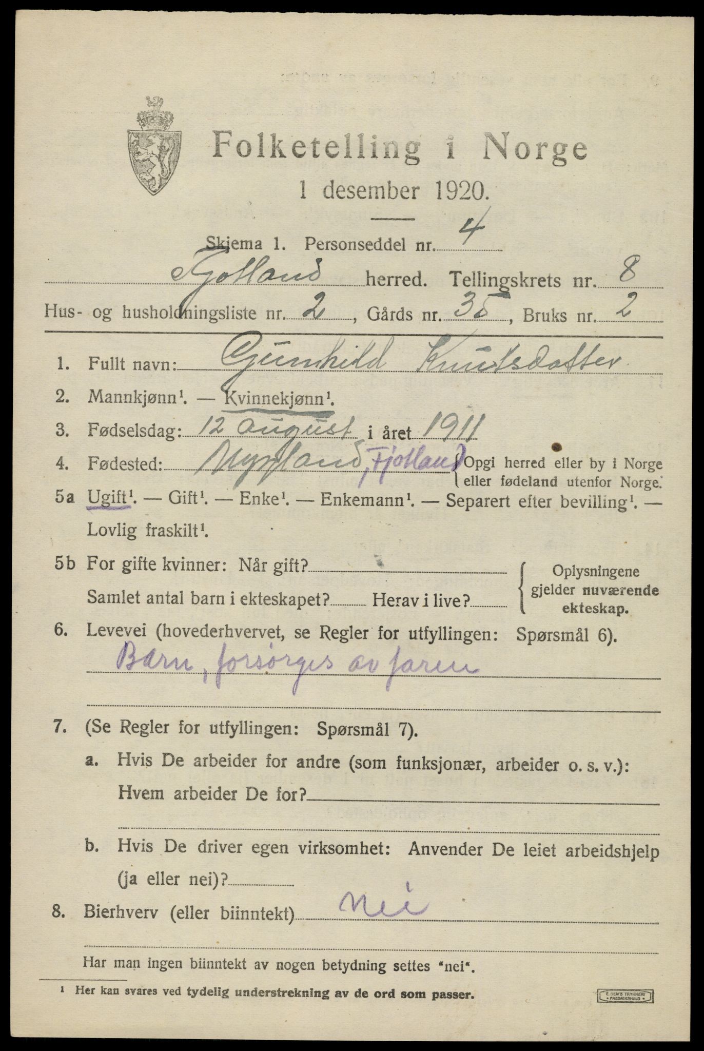 SAK, 1920 census for Fjotland, 1920, p. 2012