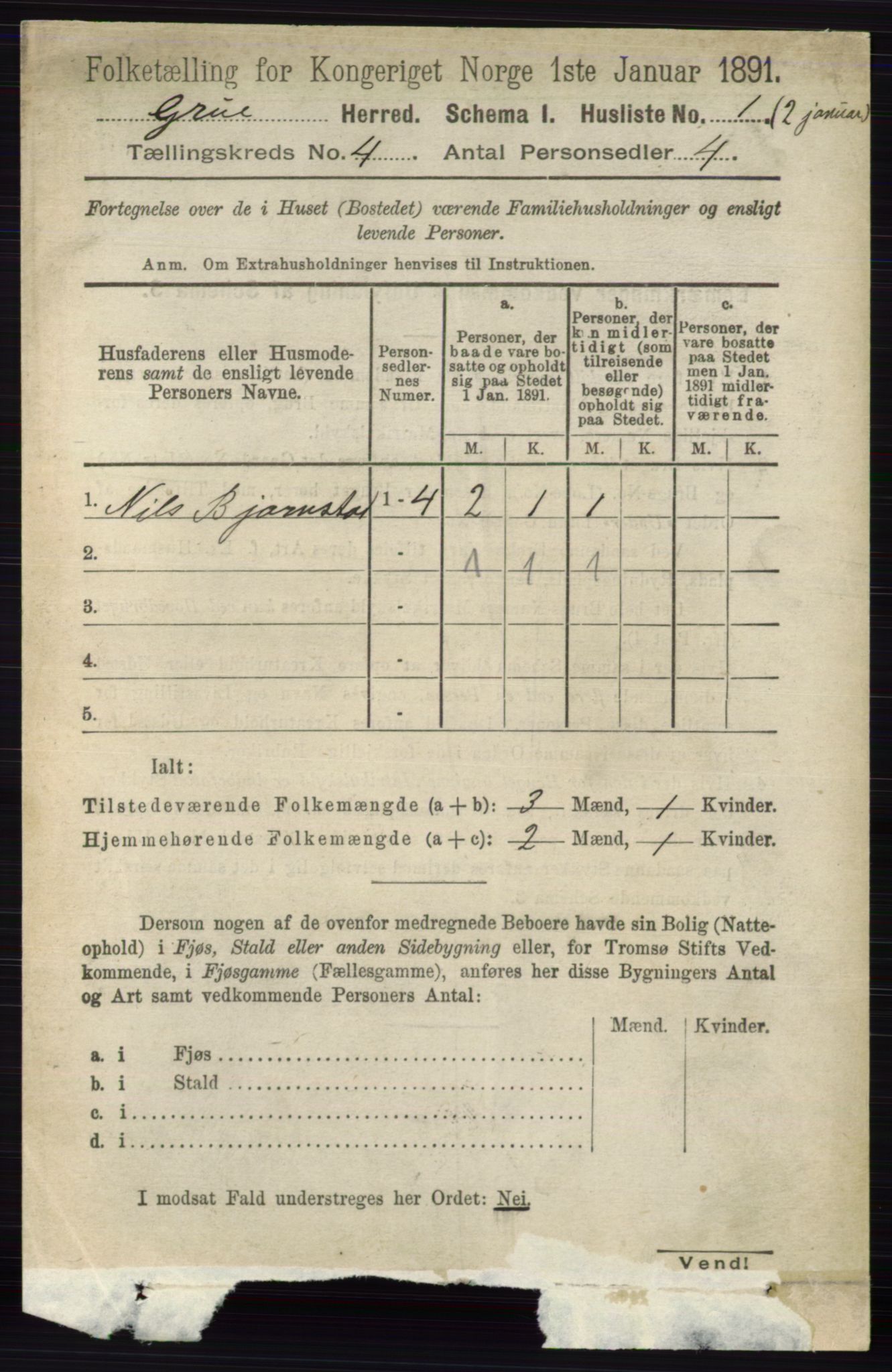 RA, 1891 census for 0423 Grue, 1891, p. 2013