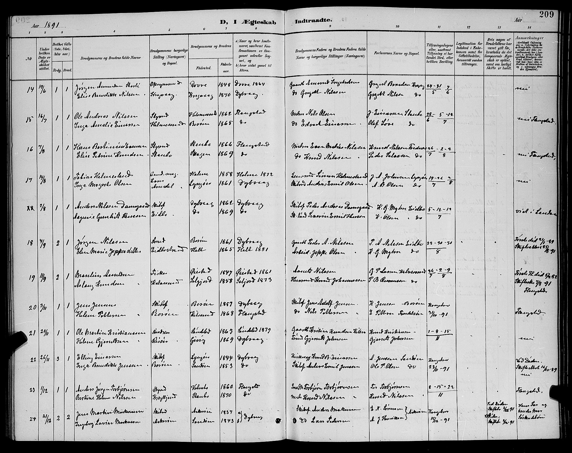 Dypvåg sokneprestkontor, AV/SAK-1111-0007/F/Fb/Fba/L0013: Parish register (copy) no. B 13, 1887-1900, p. 209