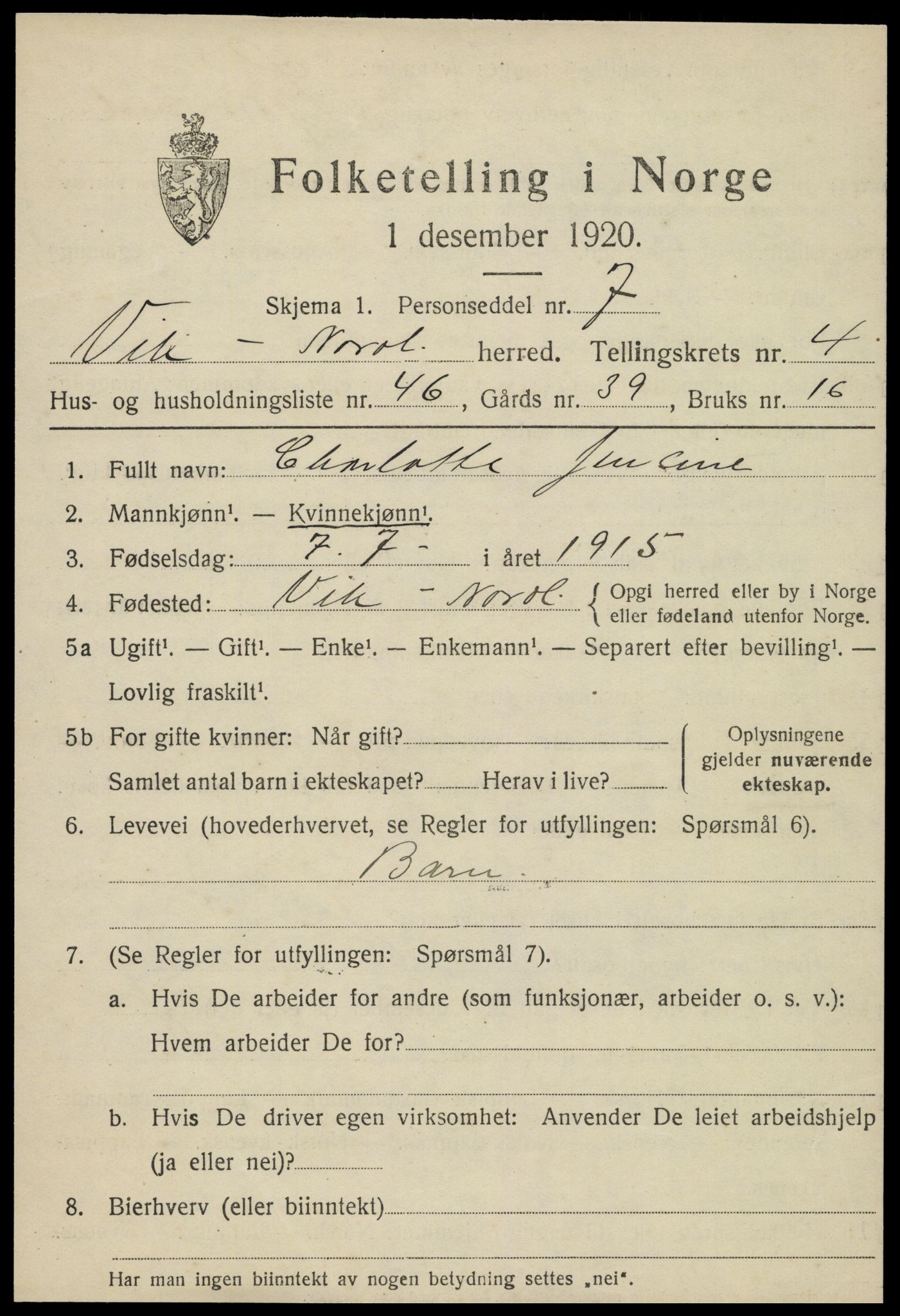 SAT, 1920 census for Vik, 1920, p. 2931