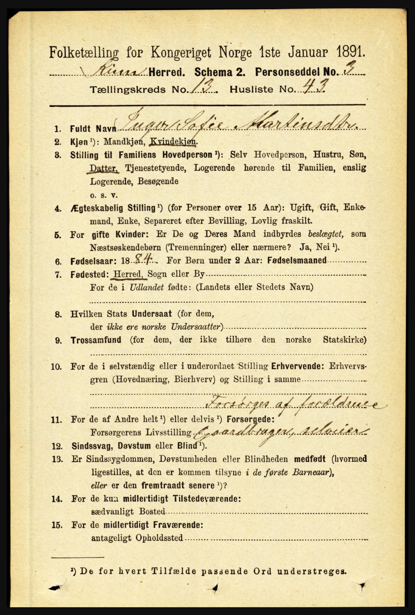 RA, 1891 census for 1437 Kinn, 1891, p. 5355