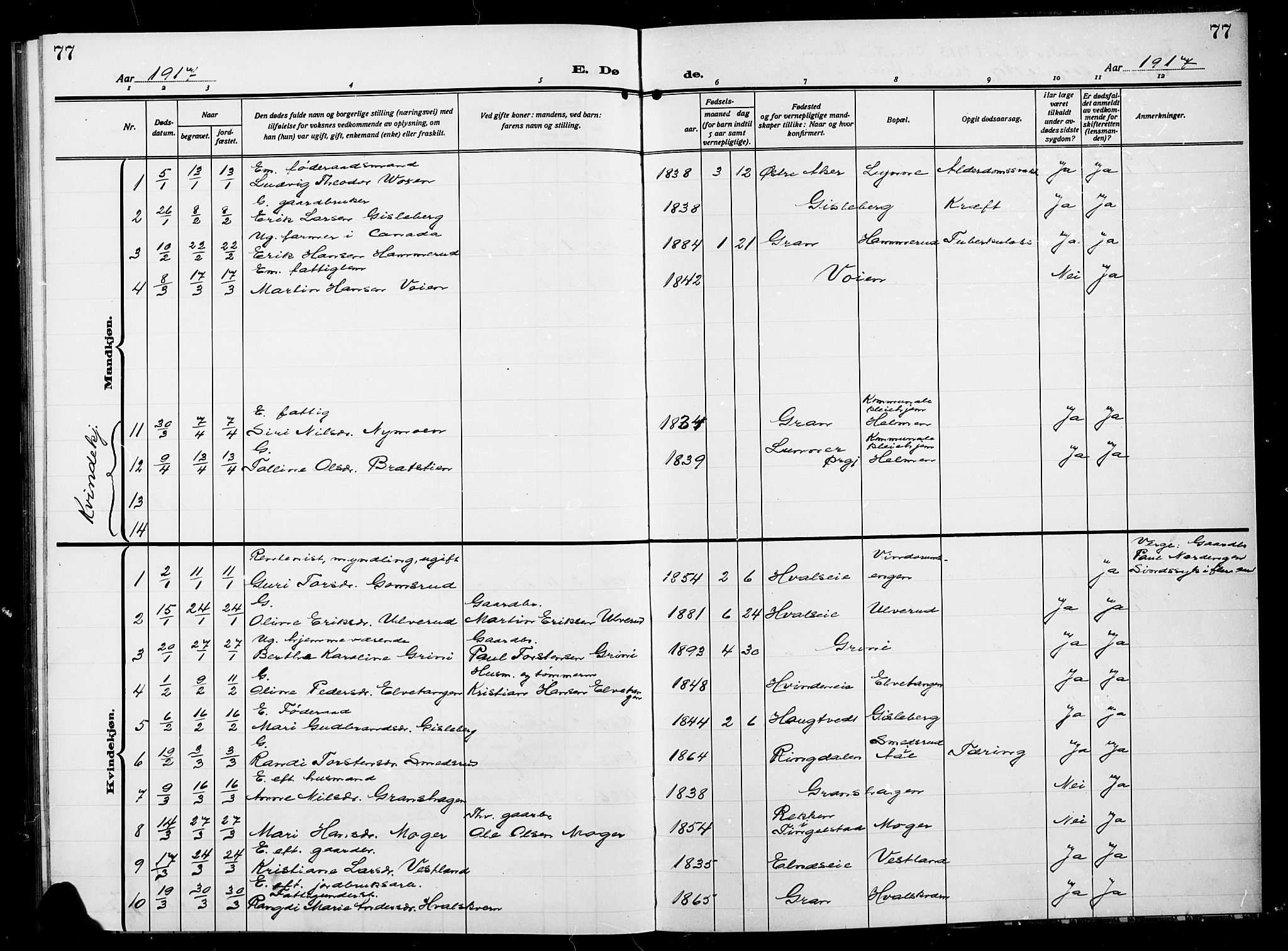 Gran prestekontor, SAH/PREST-112/H/Ha/Hab/L0007: Parish register (copy) no. 7, 1912-1917, p. 77