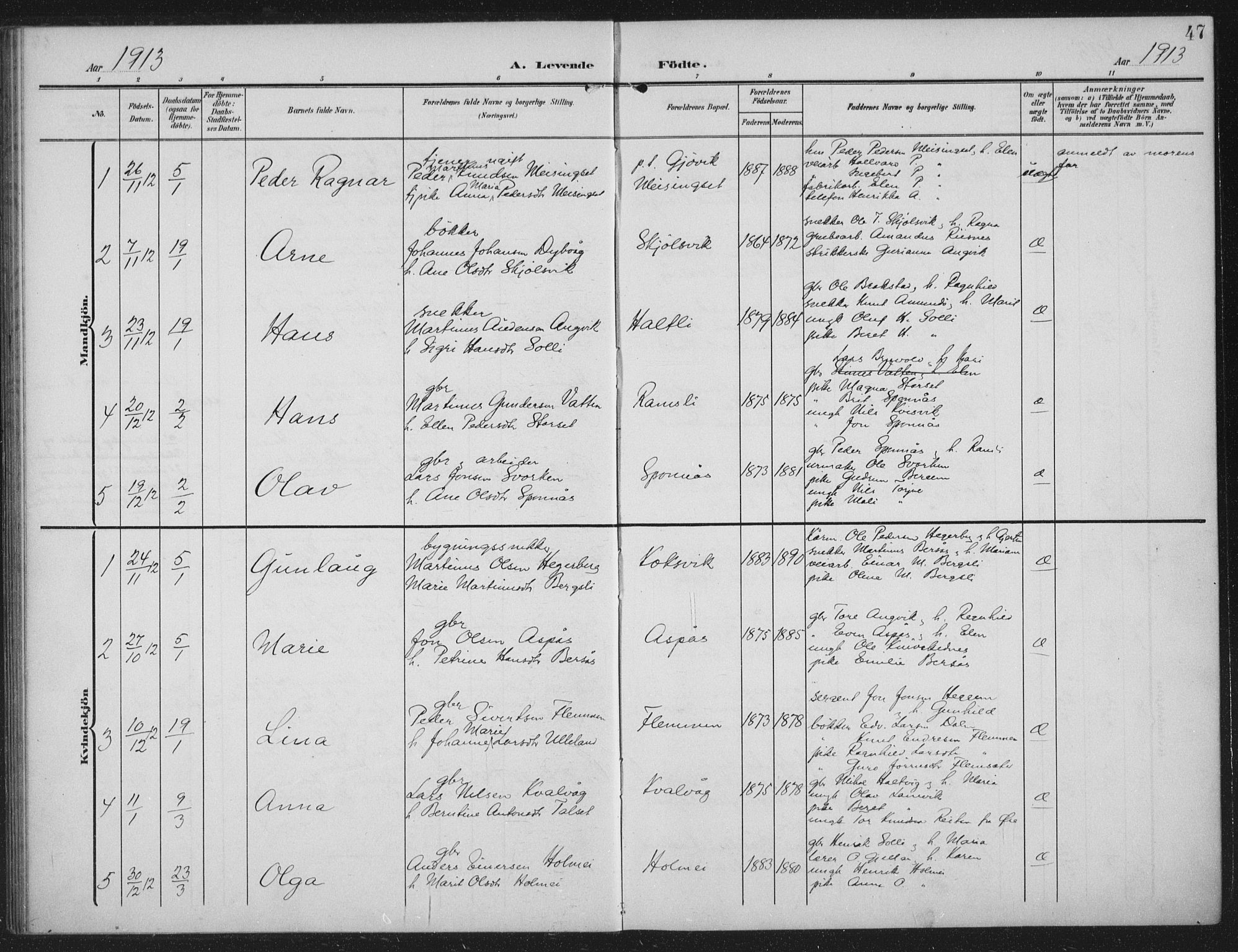 Ministerialprotokoller, klokkerbøker og fødselsregistre - Møre og Romsdal, AV/SAT-A-1454/586/L0989: Parish register (official) no. 586A15, 1906-1915, p. 47