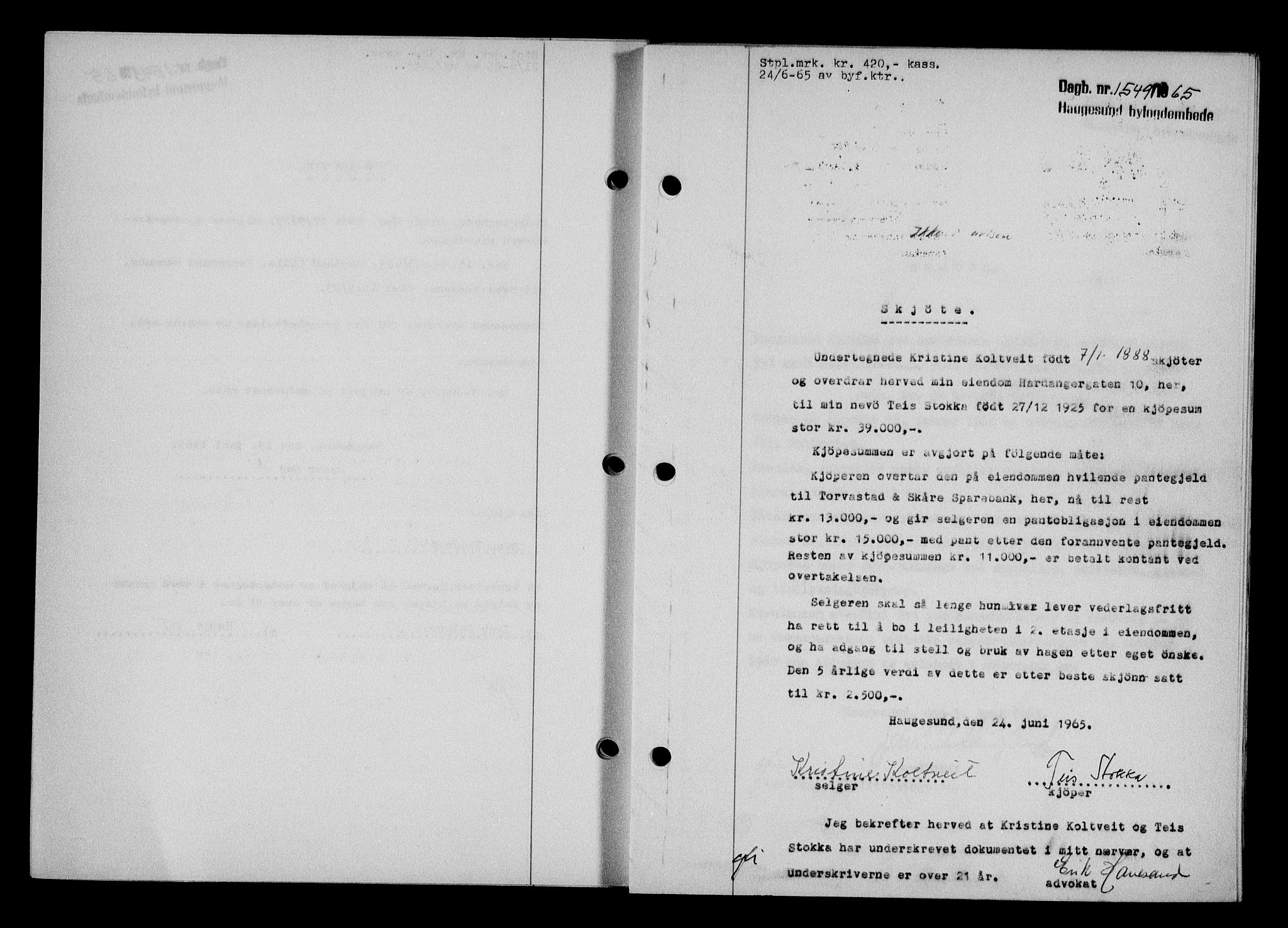 Haugesund tingrett, AV/SAST-A-101415/01/II/IIC/L0076: Mortgage book no. A 17, 1965-1966, Diary no: : 1549/1965