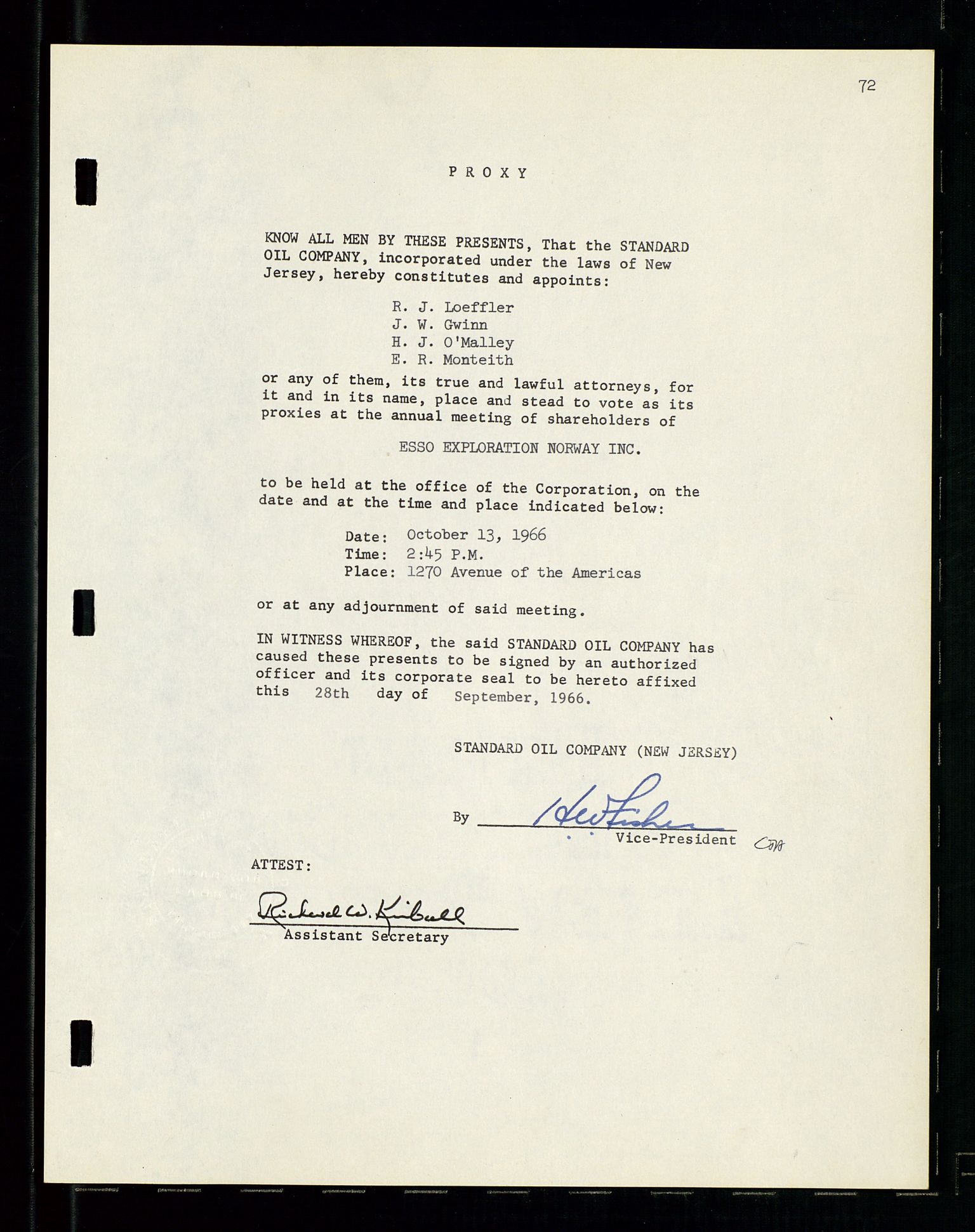 Pa 1512 - Esso Exploration and Production Norway Inc., SAST/A-101917/A/Aa/L0001/0001: Styredokumenter / Corporate records, By-Laws, Board meeting minutes, Incorporations, 1965-1975, p. 72