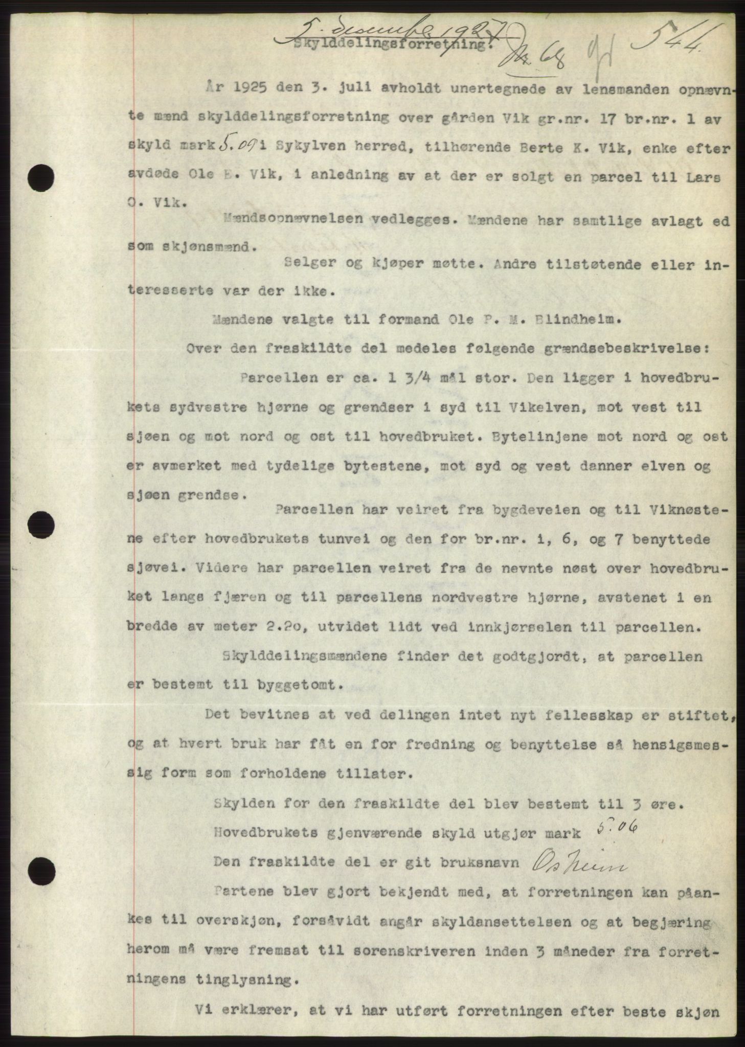 Nordre Sunnmøre sorenskriveri, AV/SAT-A-0006/1/2/2C/2Ca/L0037: Mortgage book no. 40, 1927-1927, Deed date: 05.12.1927