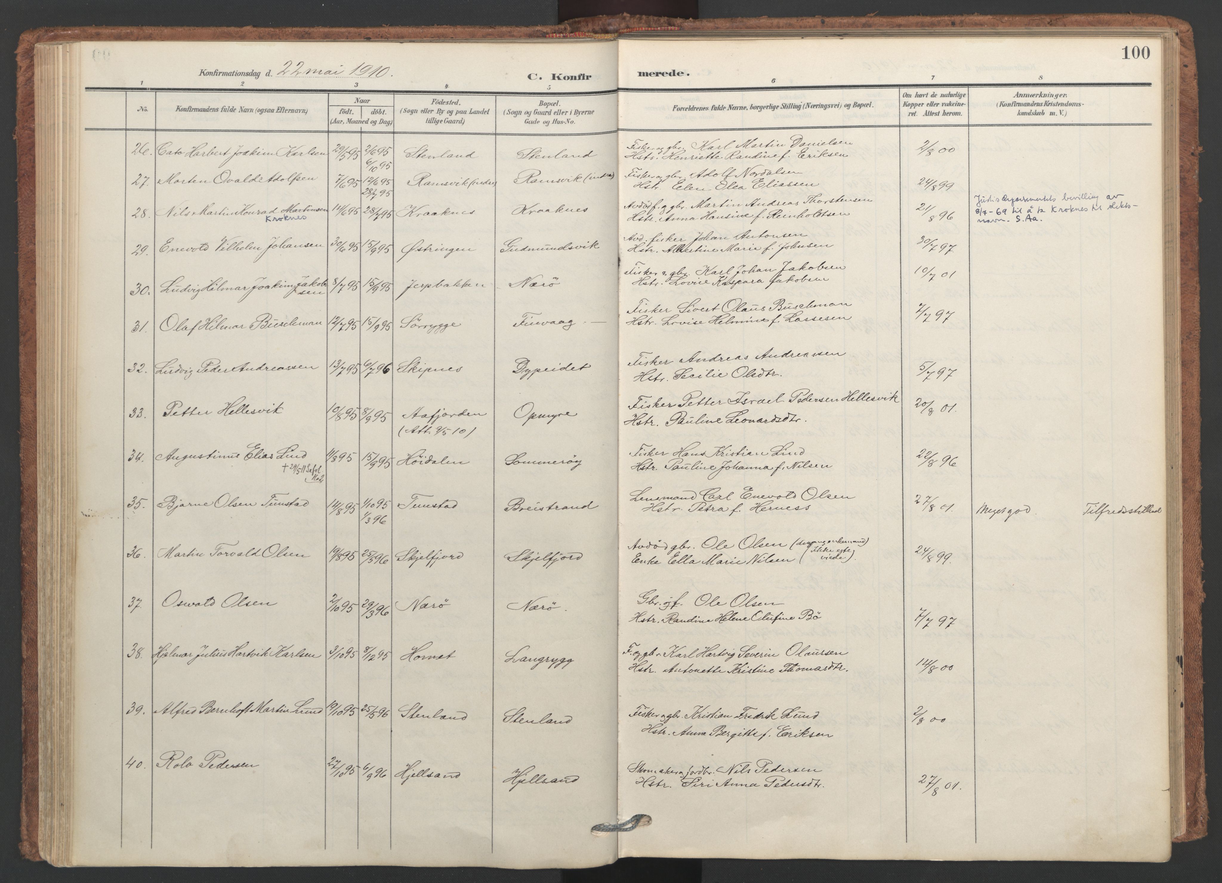 Ministerialprotokoller, klokkerbøker og fødselsregistre - Nordland, SAT/A-1459/893/L1339: Parish register (official) no. 893A11, 1904-1914, p. 100