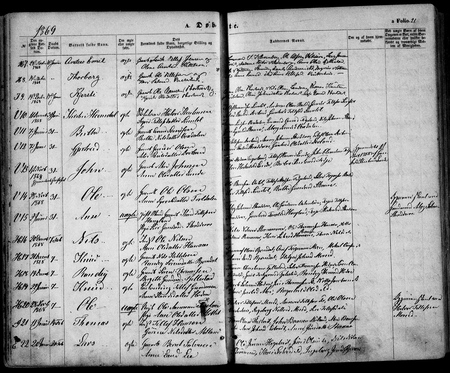 Evje sokneprestkontor, AV/SAK-1111-0008/F/Fa/Faa/L0006: Parish register (official) no. A 6, 1866-1884, p. 21