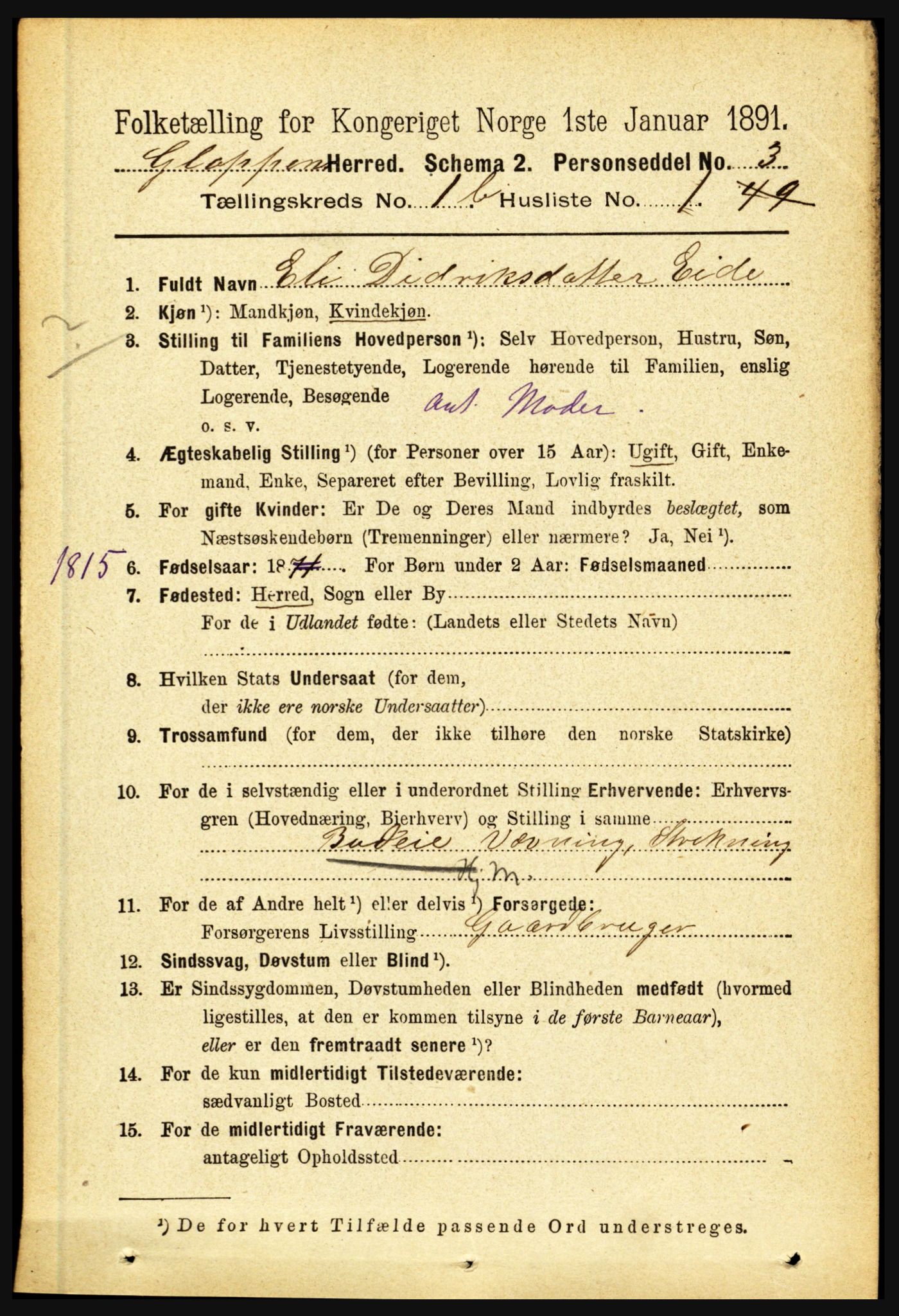 RA, 1891 census for 1445 Gloppen, 1891, p. 405