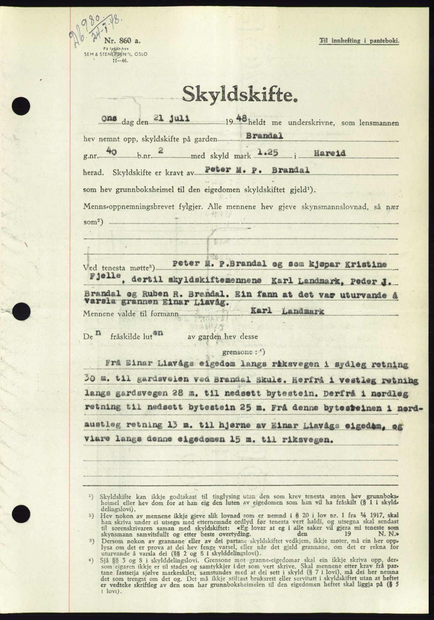 Søre Sunnmøre sorenskriveri, AV/SAT-A-4122/1/2/2C/L0082: Mortgage book no. 8A, 1948-1948, Diary no: : 980/1948