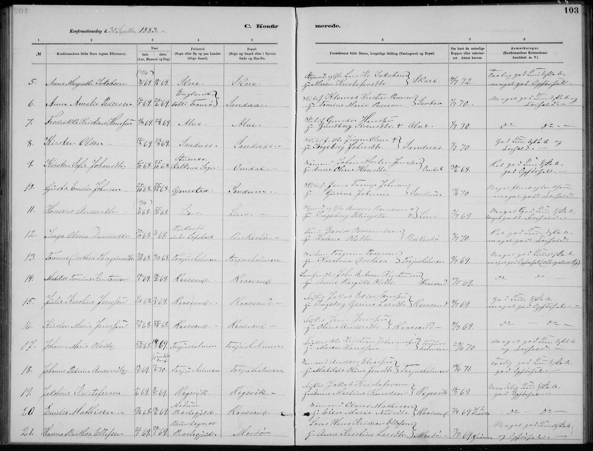 Tromøy sokneprestkontor, AV/SAK-1111-0041/F/Fb/L0005: Parish register (copy) no. B 5, 1877-1891, p. 103