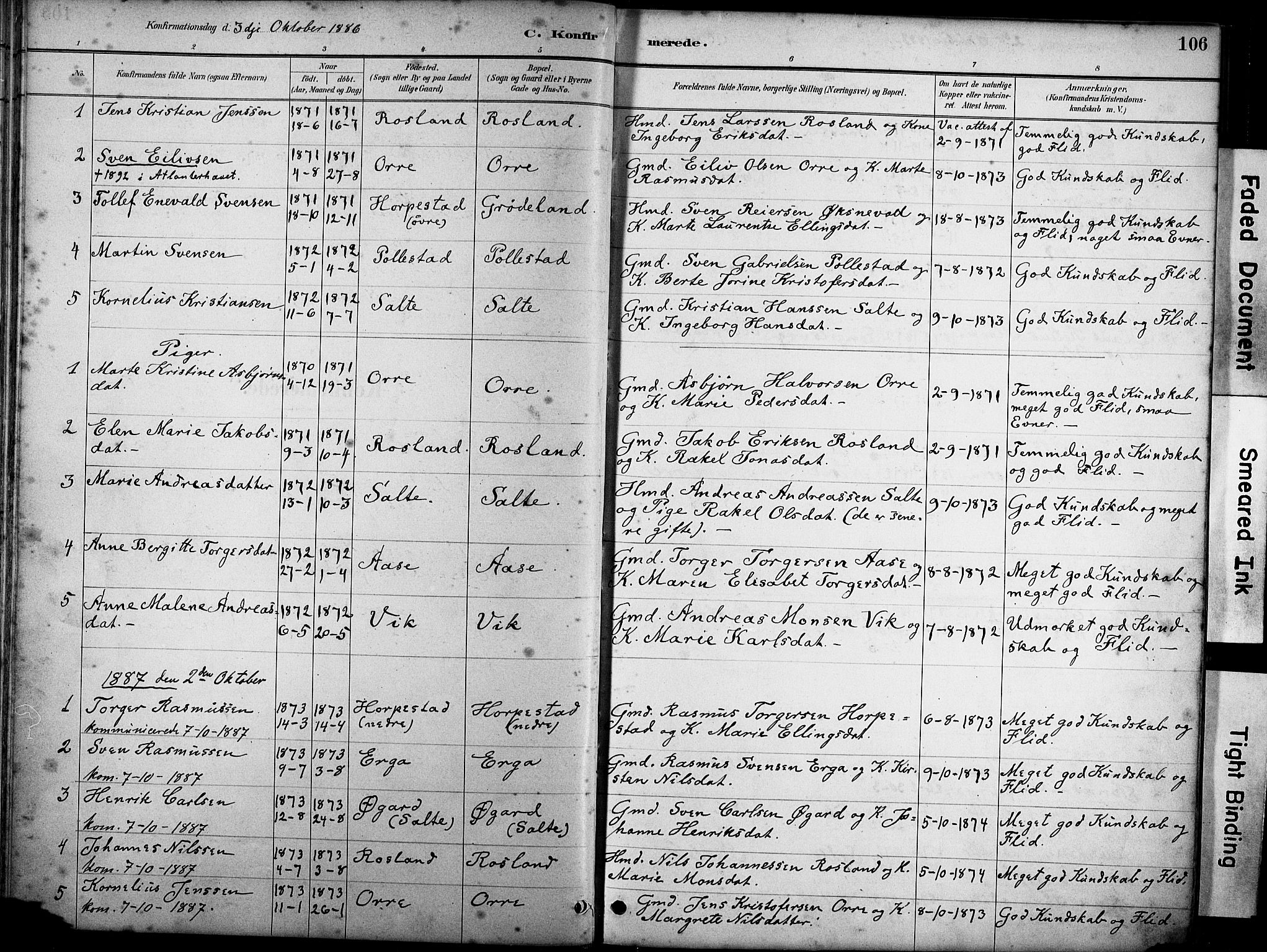 Klepp sokneprestkontor, SAST/A-101803/001/3/30BA/L0007: Parish register (official) no. A 8, 1886-1912, p. 106