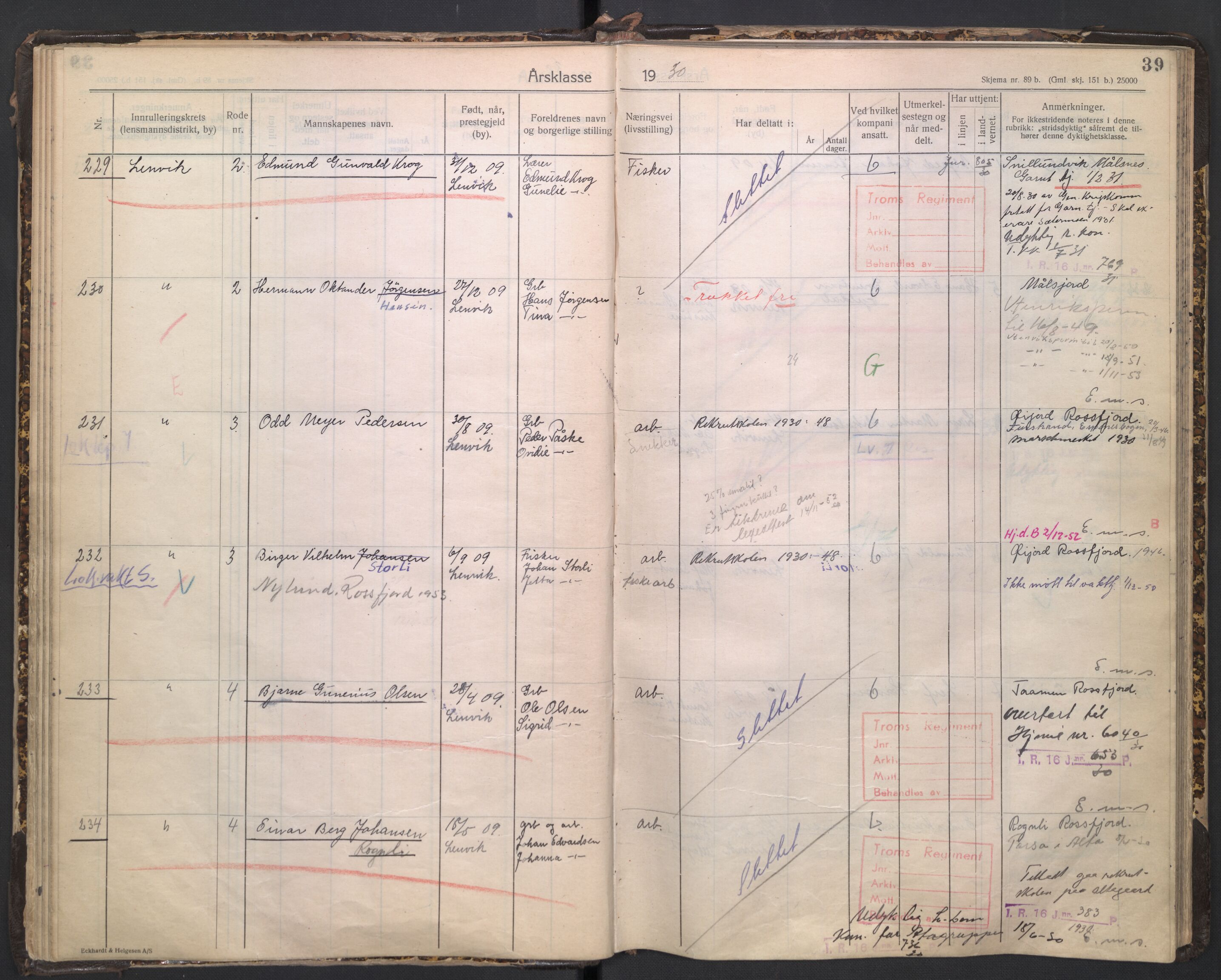 Forsvaret, Troms infanteriregiment nr. 16, AV/RA-RAFA-3146/P/Pa/L0005/0003: Ruller / Rulle for regimentets stridende menige mannskaper, årsklasse 1930, 1930, p. 39