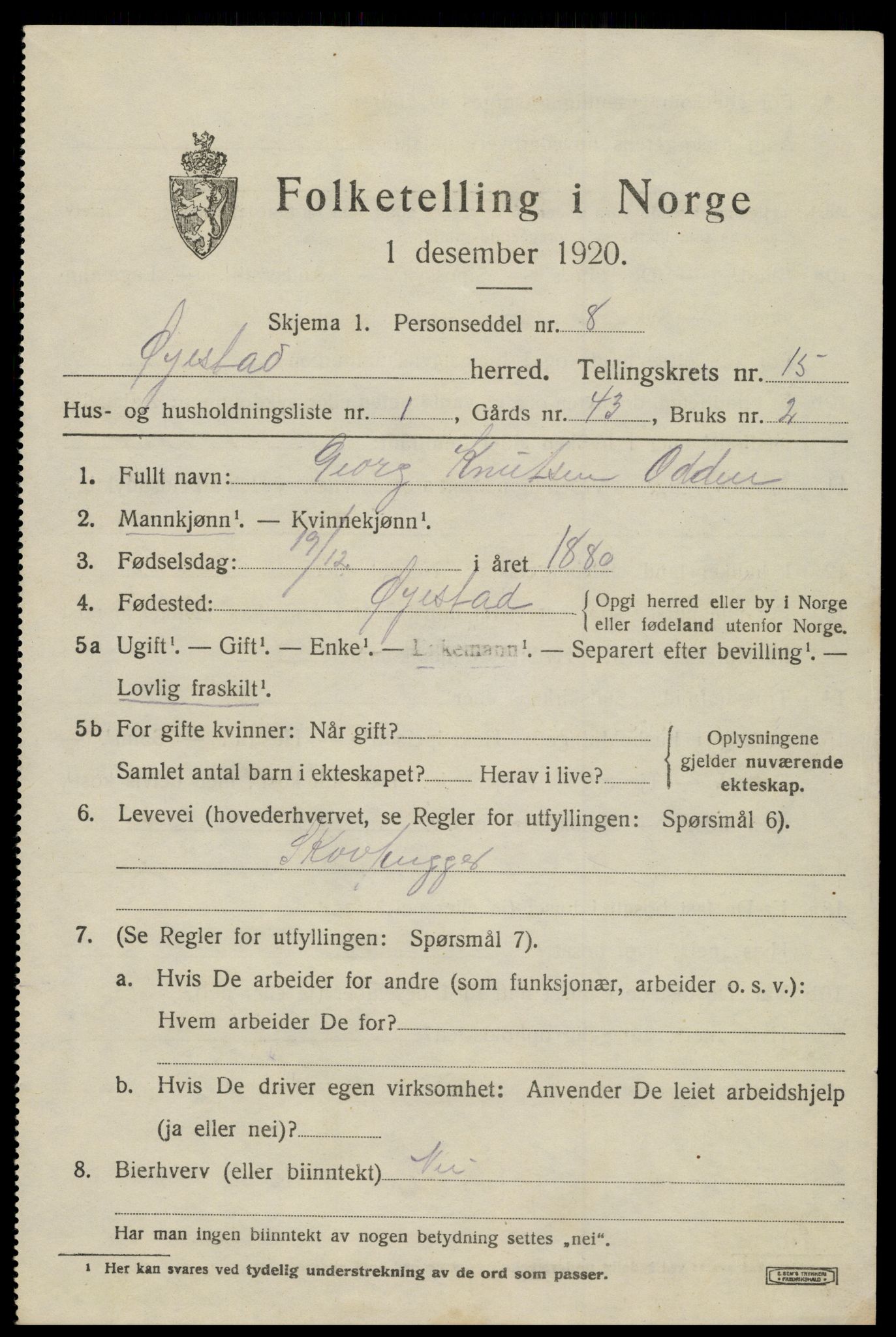 SAK, 1920 census for Øyestad, 1920, p. 10108