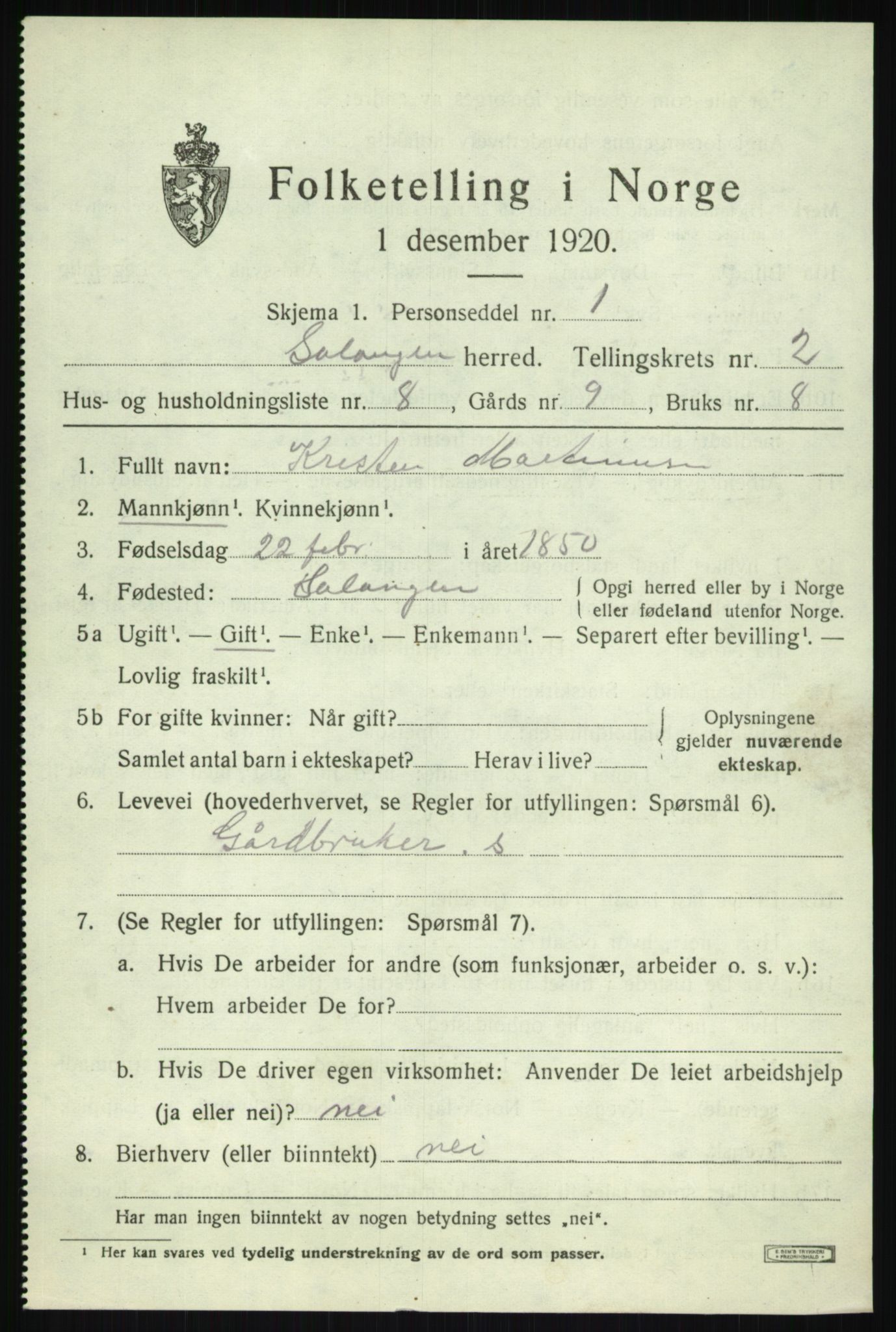 SATØ, 1920 census for Salangen, 1920, p. 1244