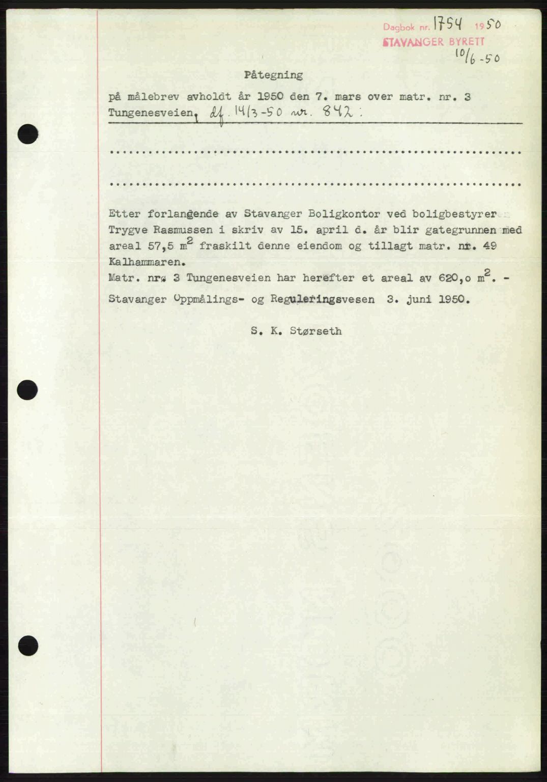 Stavanger byrett, SAST/A-100455/002/G/Gb/L0024: Mortgage book no. A13, 1949-1950, Diary no: : 1754/1950