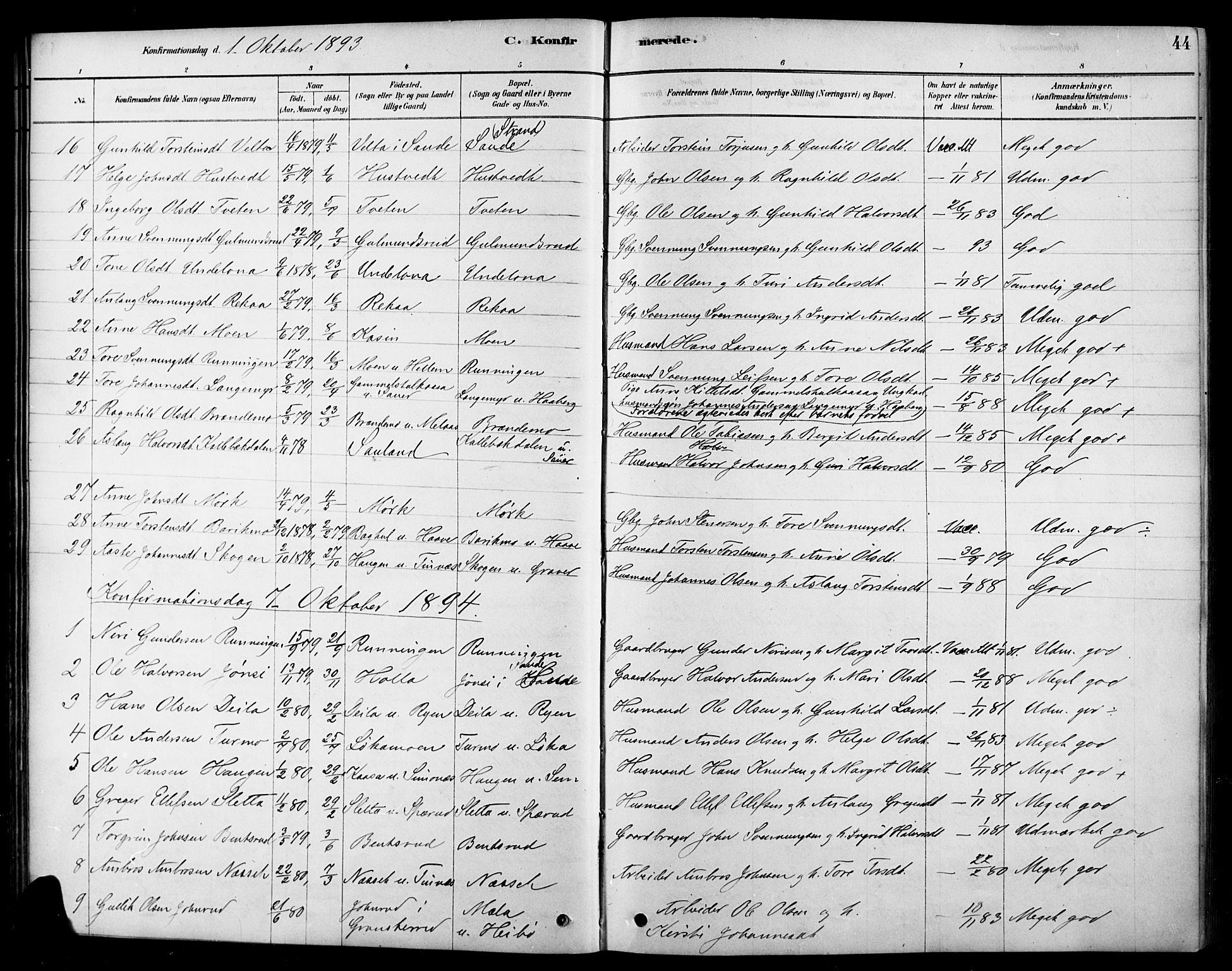 Heddal kirkebøker, SAKO/A-268/F/Fa/L0009: Parish register (official) no. I 9, 1878-1903, p. 44