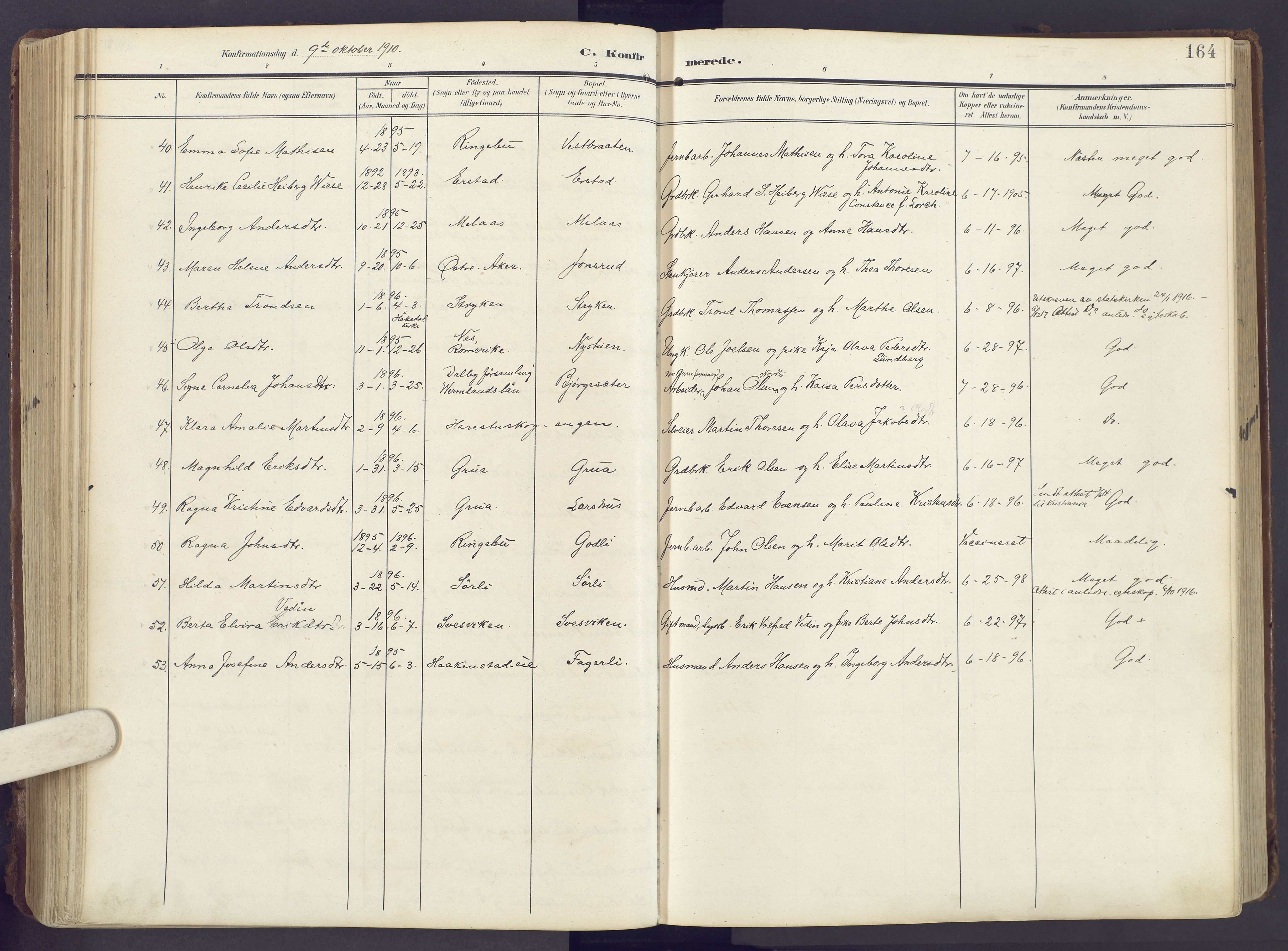Lunner prestekontor, SAH/PREST-118/H/Ha/Haa/L0001: Parish register (official) no. 1, 1907-1922, p. 164