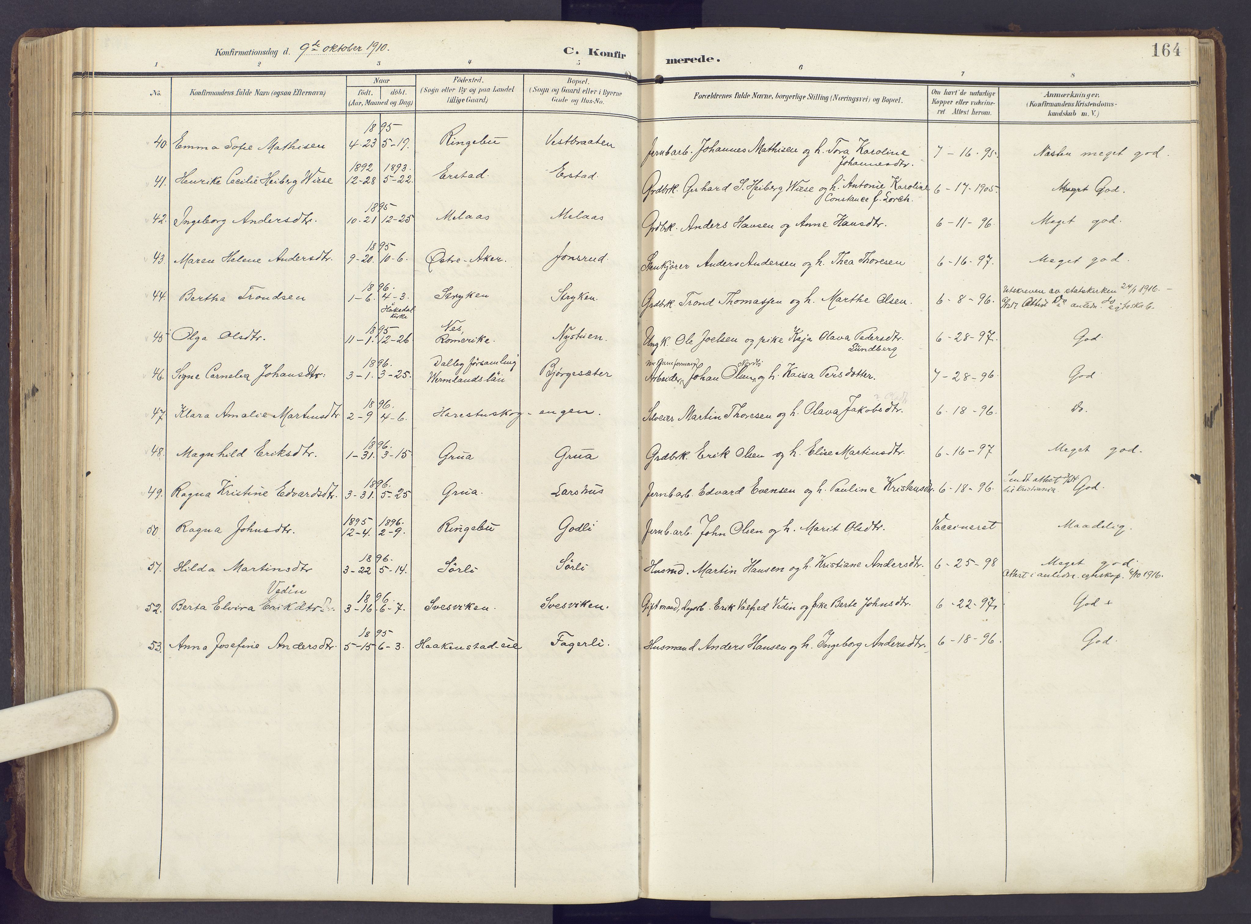 Lunner prestekontor, AV/SAH-PREST-118/H/Ha/Haa/L0001: Parish register (official) no. 1, 1907-1922, p. 164