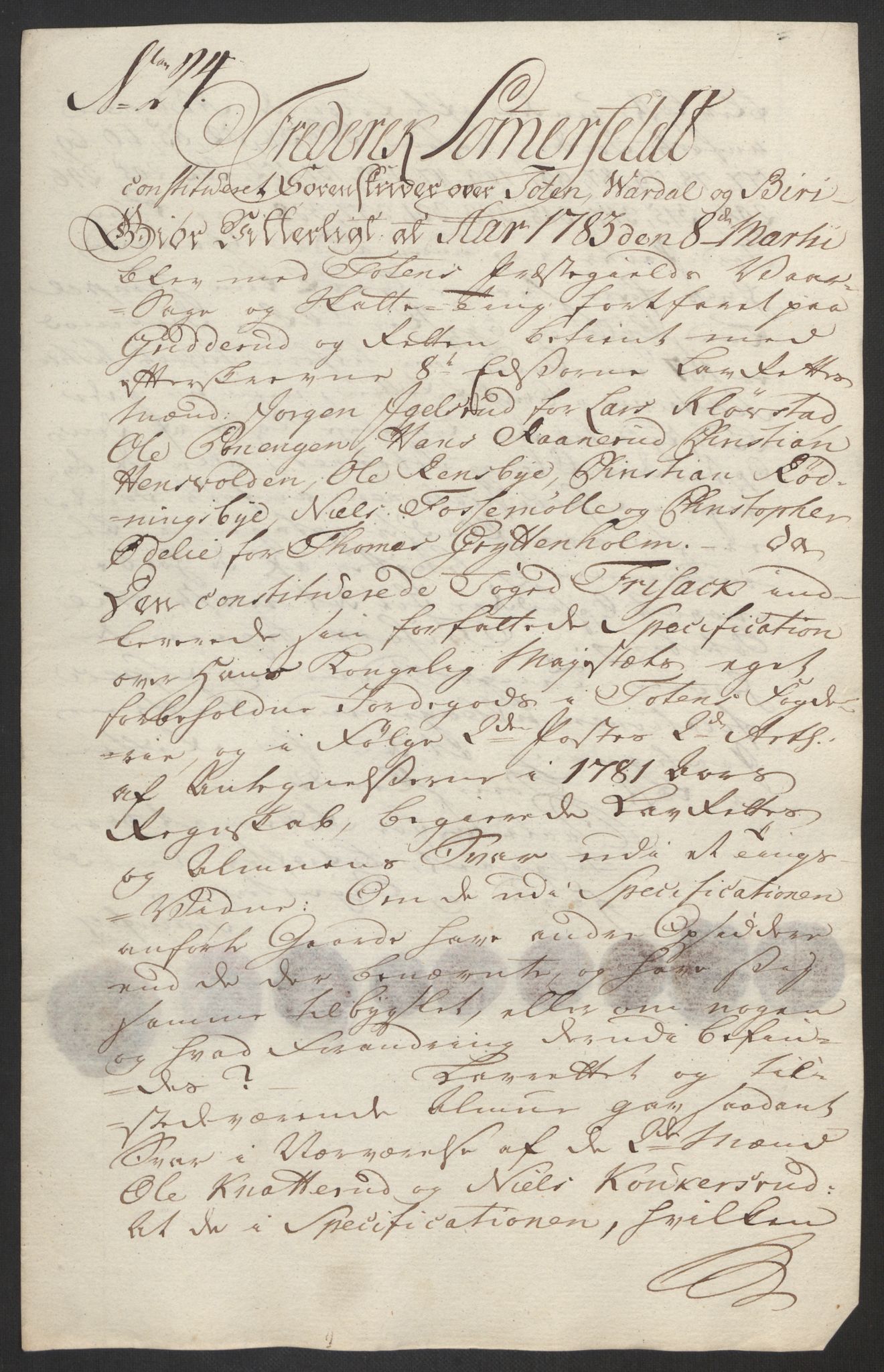 Rentekammeret inntil 1814, Reviderte regnskaper, Fogderegnskap, AV/RA-EA-4092/R19/L1369: Fogderegnskap Toten, Hadeland og Vardal, 1782, p. 113