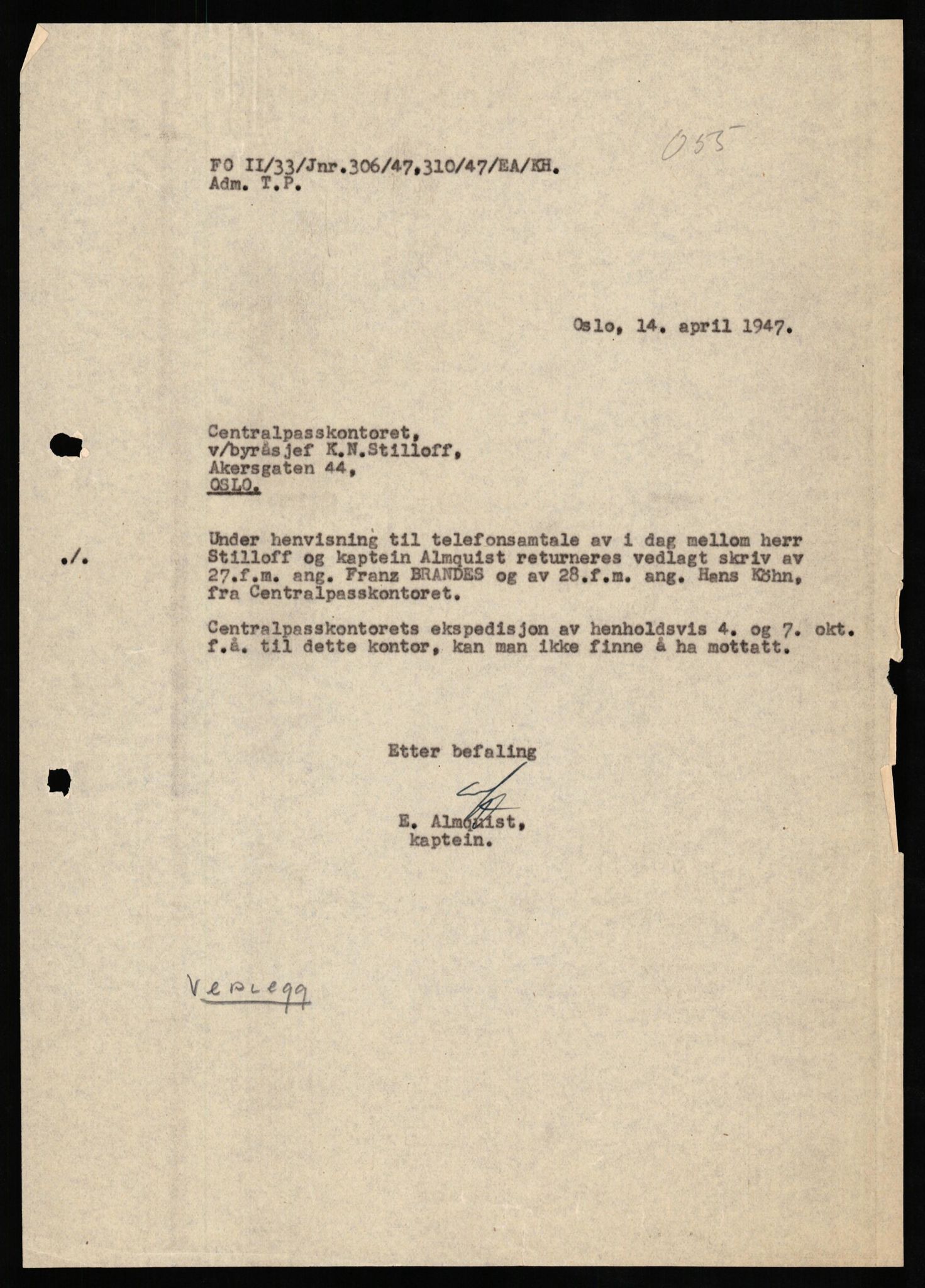 Forsvaret, Forsvarets overkommando II, AV/RA-RAFA-3915/D/Db/L0019: CI Questionaires. Tyske okkupasjonsstyrker i Norge. Tyskere., 1945-1946, p. 213