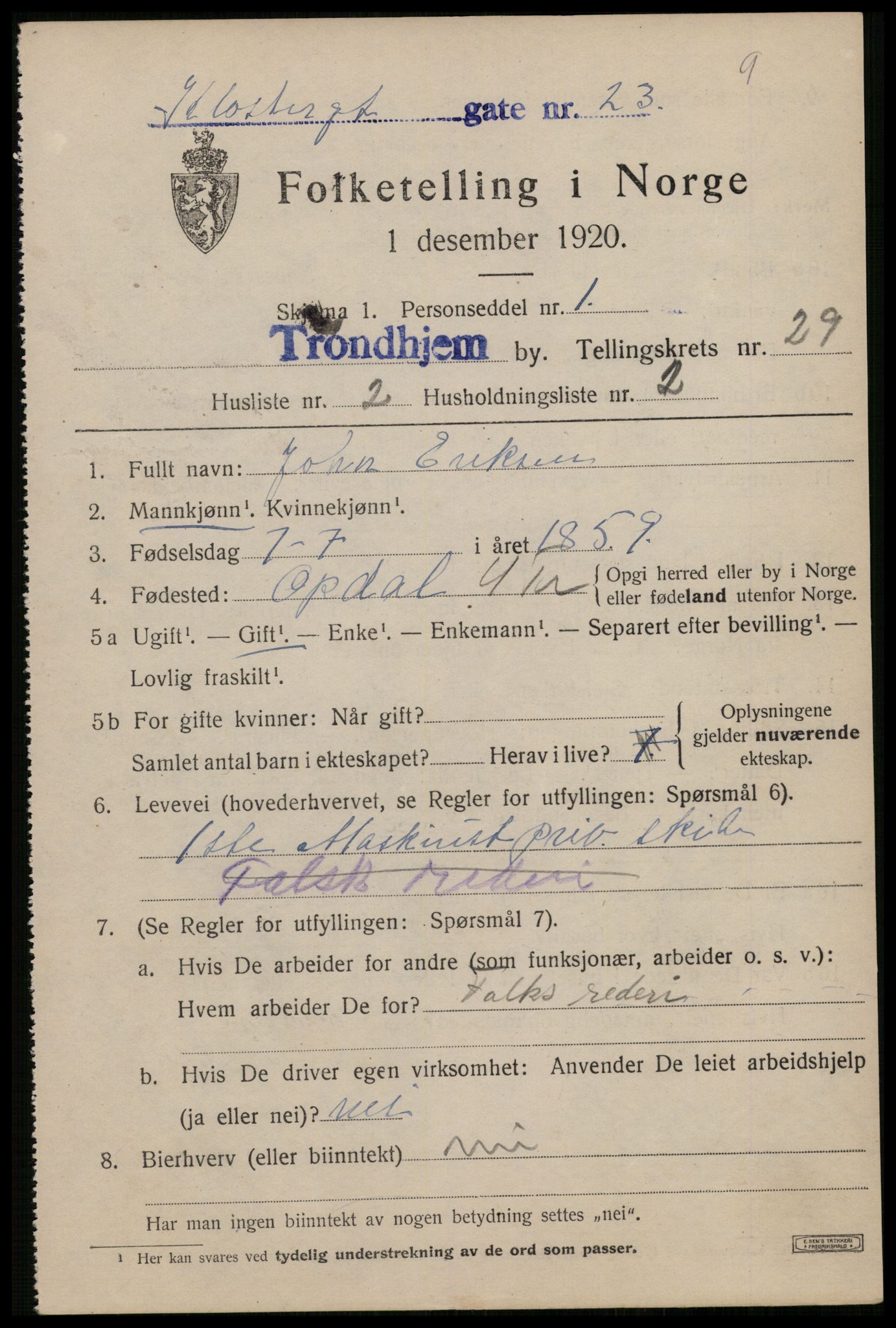 SAT, 1920 census for Trondheim, 1920, p. 72166