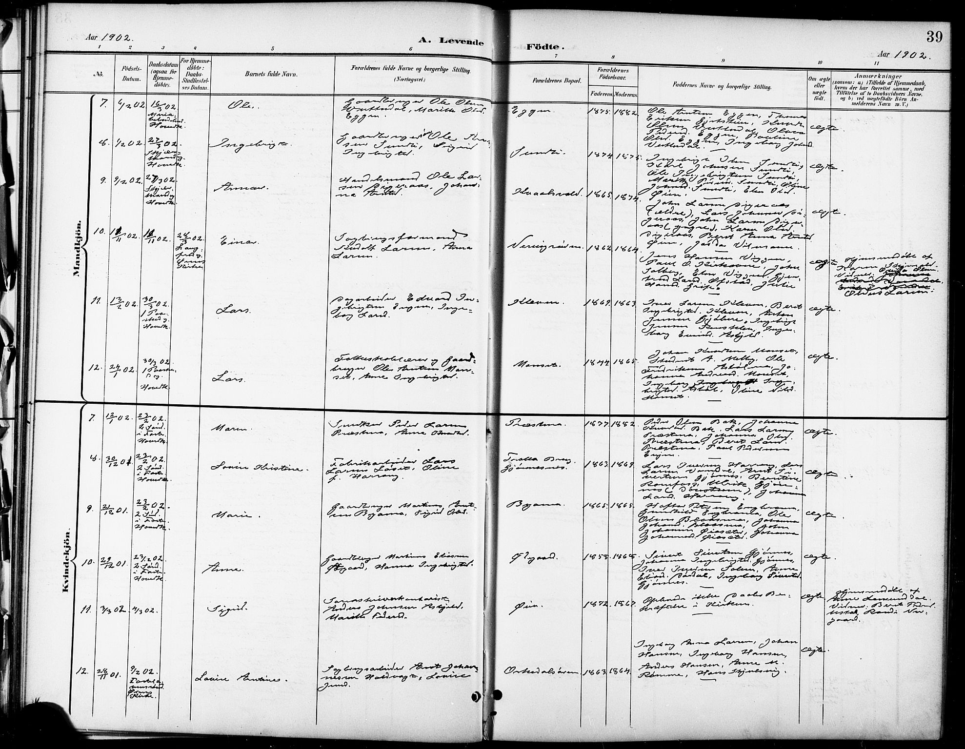Ministerialprotokoller, klokkerbøker og fødselsregistre - Sør-Trøndelag, SAT/A-1456/668/L0819: Parish register (copy) no. 668C08, 1899-1912, p. 39