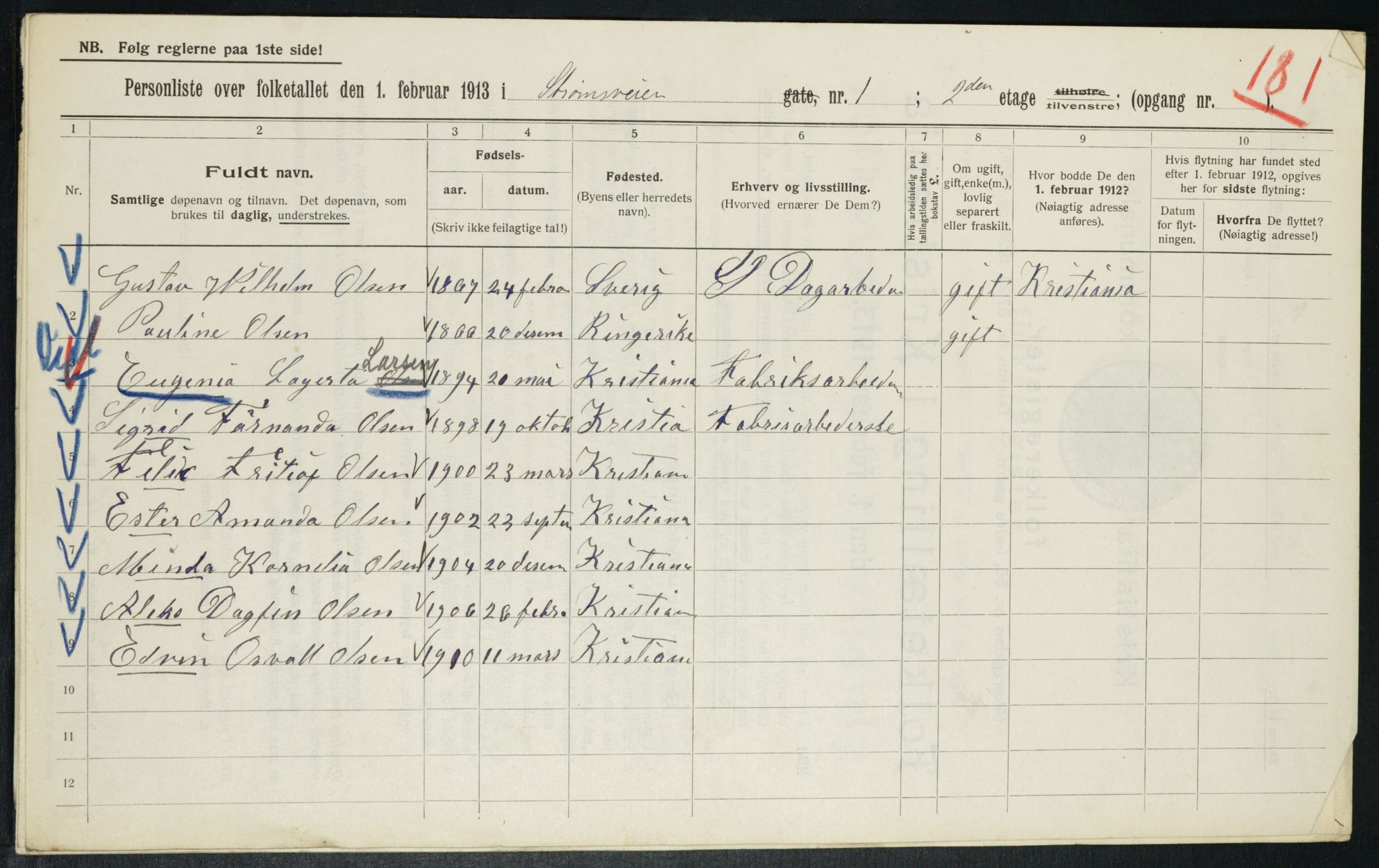 OBA, Municipal Census 1913 for Kristiania, 1913, p. 104048