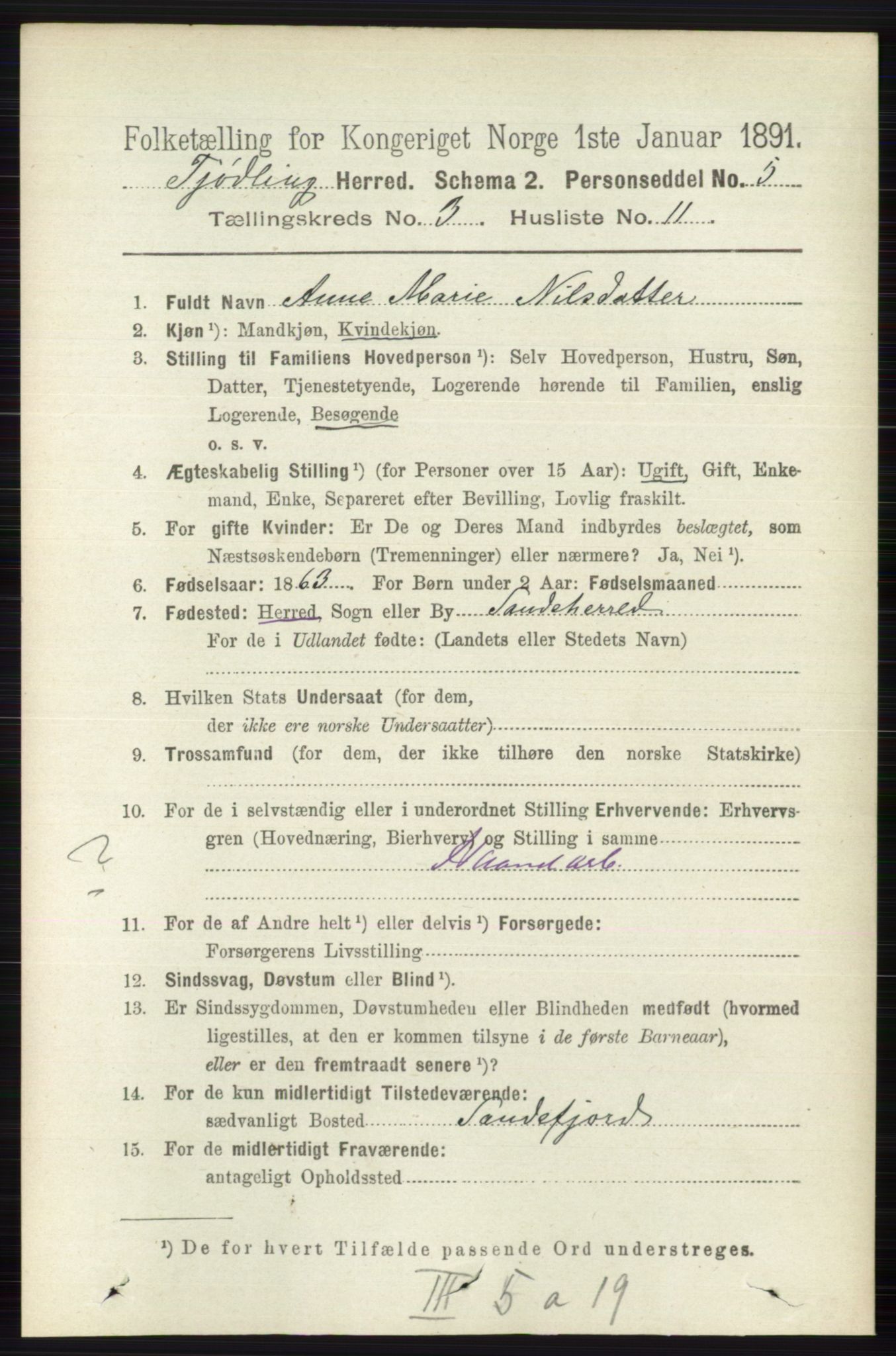 RA, 1891 census for 0725 Tjølling, 1891, p. 988