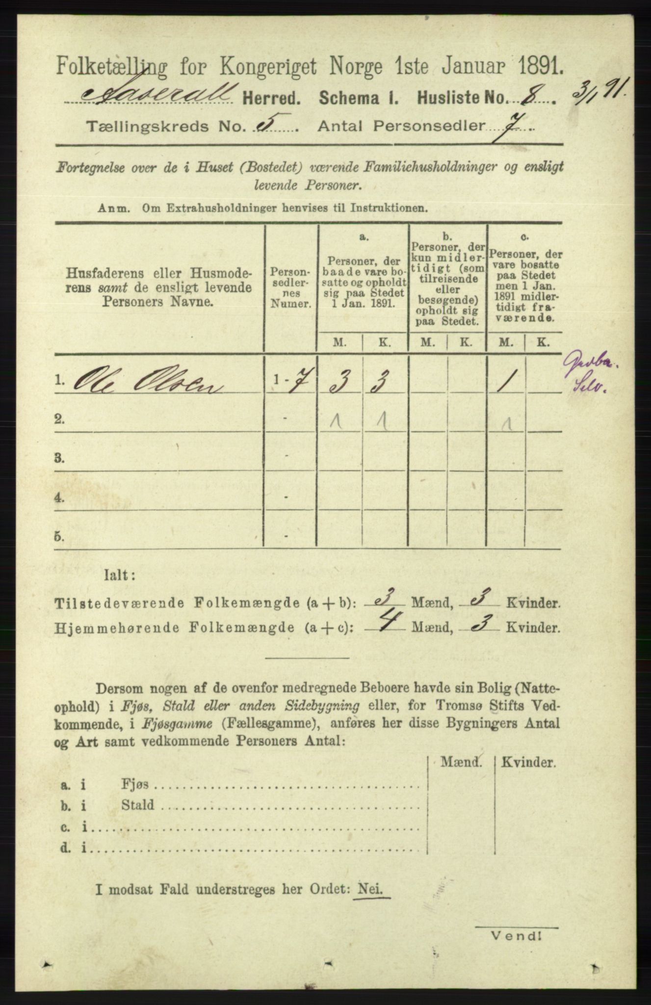 RA, 1891 census for 1026 Åseral, 1891, p. 1423