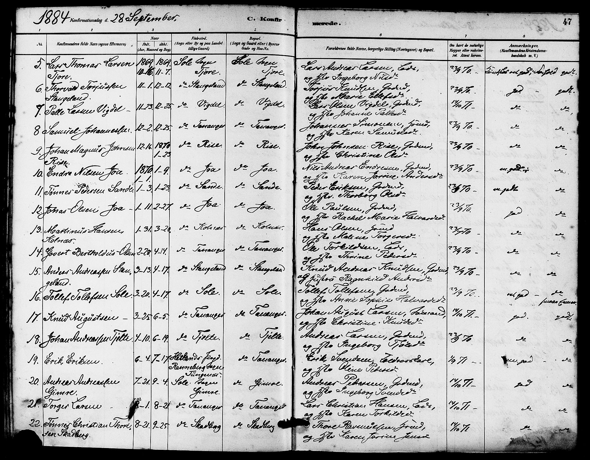 Håland sokneprestkontor, AV/SAST-A-101802/001/30BA/L0010: Parish register (official) no. A 9, 1883-1888, p. 47