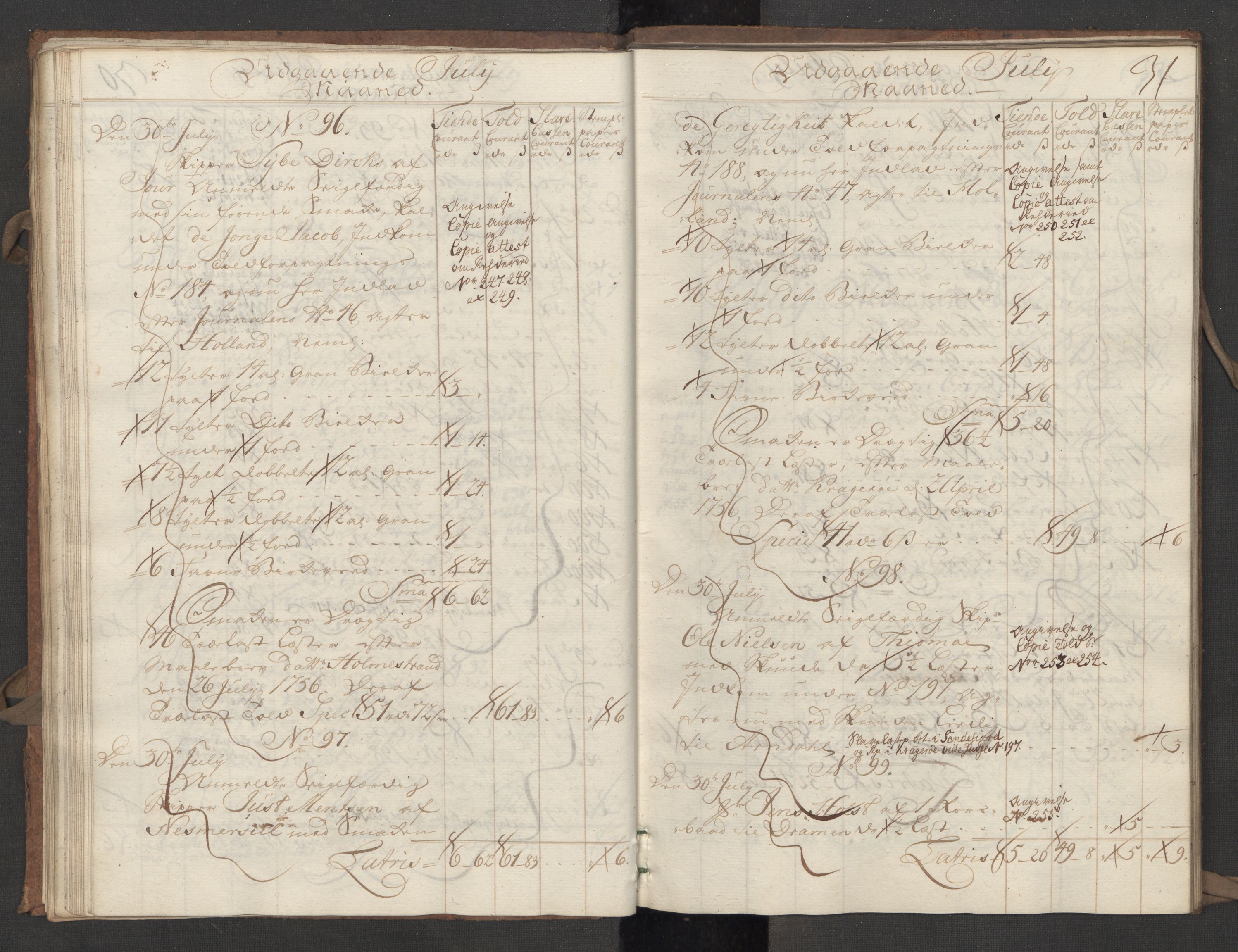 Generaltollkammeret, tollregnskaper, AV/RA-EA-5490/R09/L0022/0001: Tollregnskaper Holmestrand / Utgående hovedtollbok, 1756, p. 30b-31a