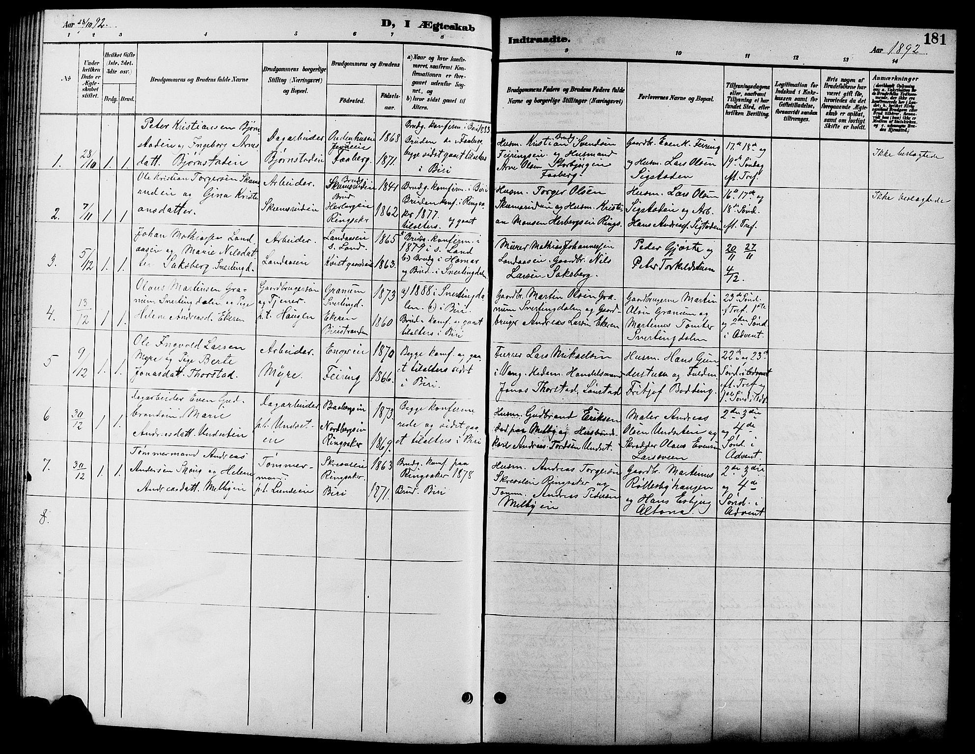 Biri prestekontor, SAH/PREST-096/H/Ha/Hab/L0004: Parish register (copy) no. 4, 1892-1909, p. 181