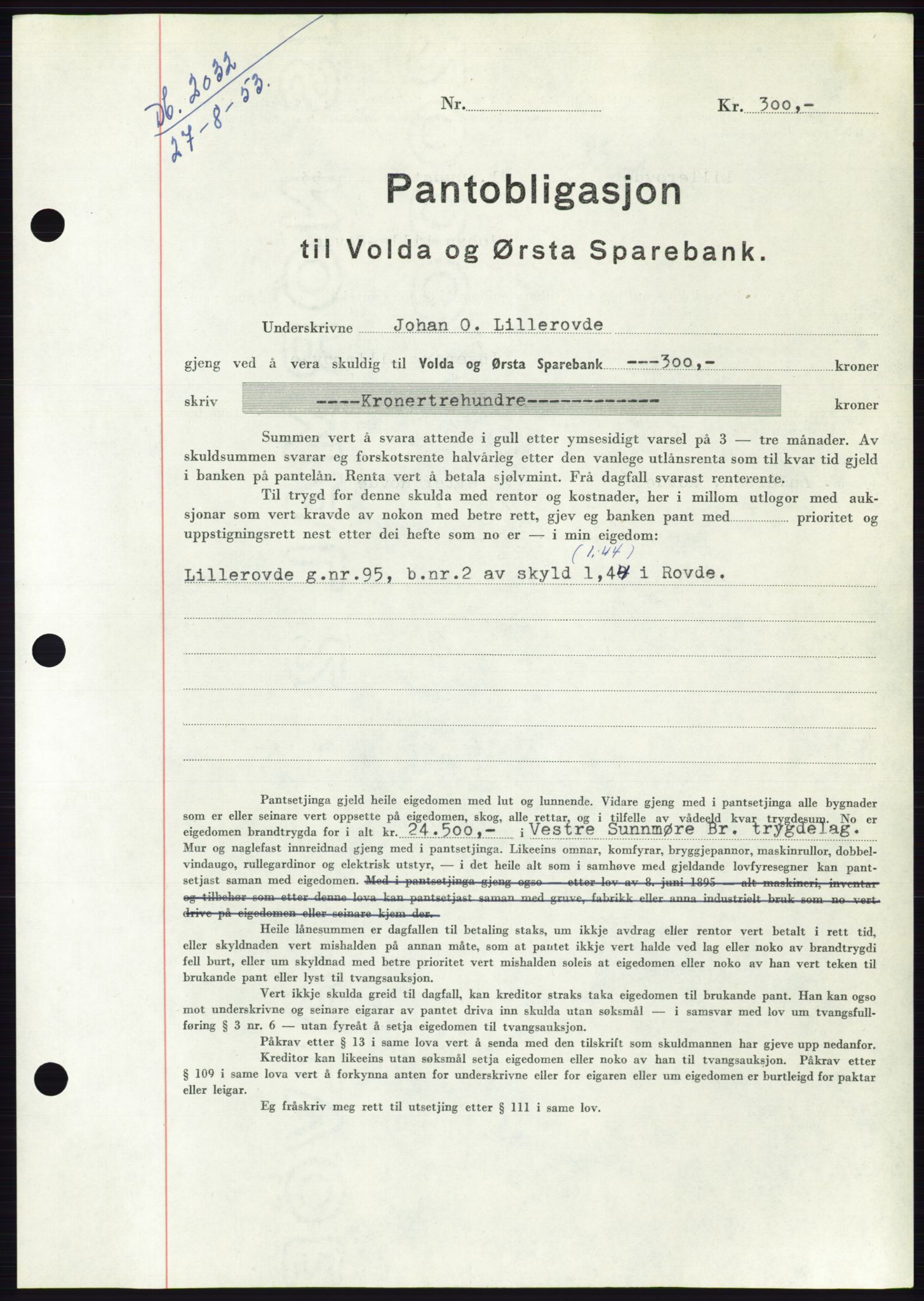 Søre Sunnmøre sorenskriveri, AV/SAT-A-4122/1/2/2C/L0123: Mortgage book no. 11B, 1953-1953, Diary no: : 2032/1953