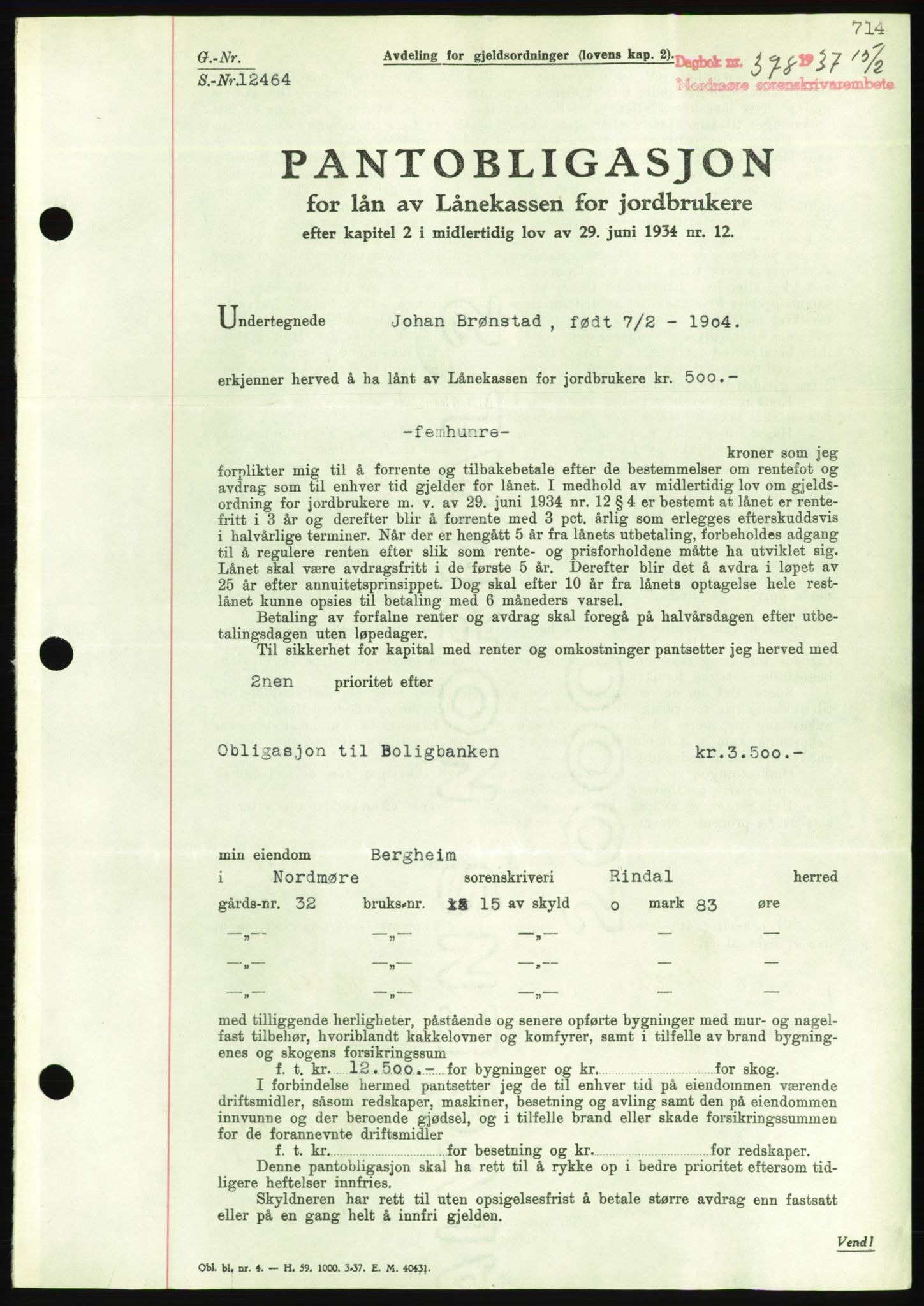 Nordmøre sorenskriveri, AV/SAT-A-4132/1/2/2Ca/L0092: Mortgage book no. B82, 1937-1938, Diary no: : 378/1938