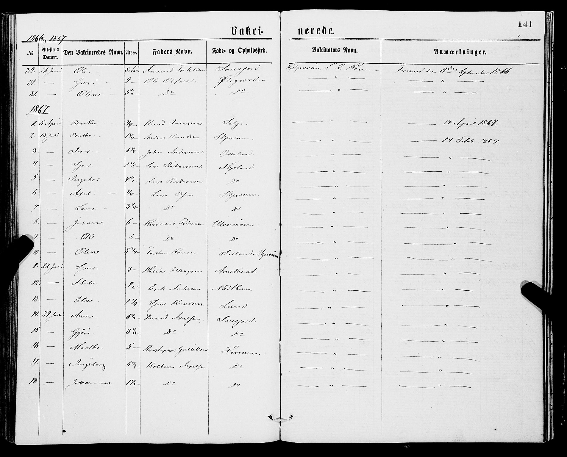 Vossestrand Sokneprestembete, AV/SAB-A-79101/H/Haa: Parish register (official) no. A 1, 1866-1877, p. 141