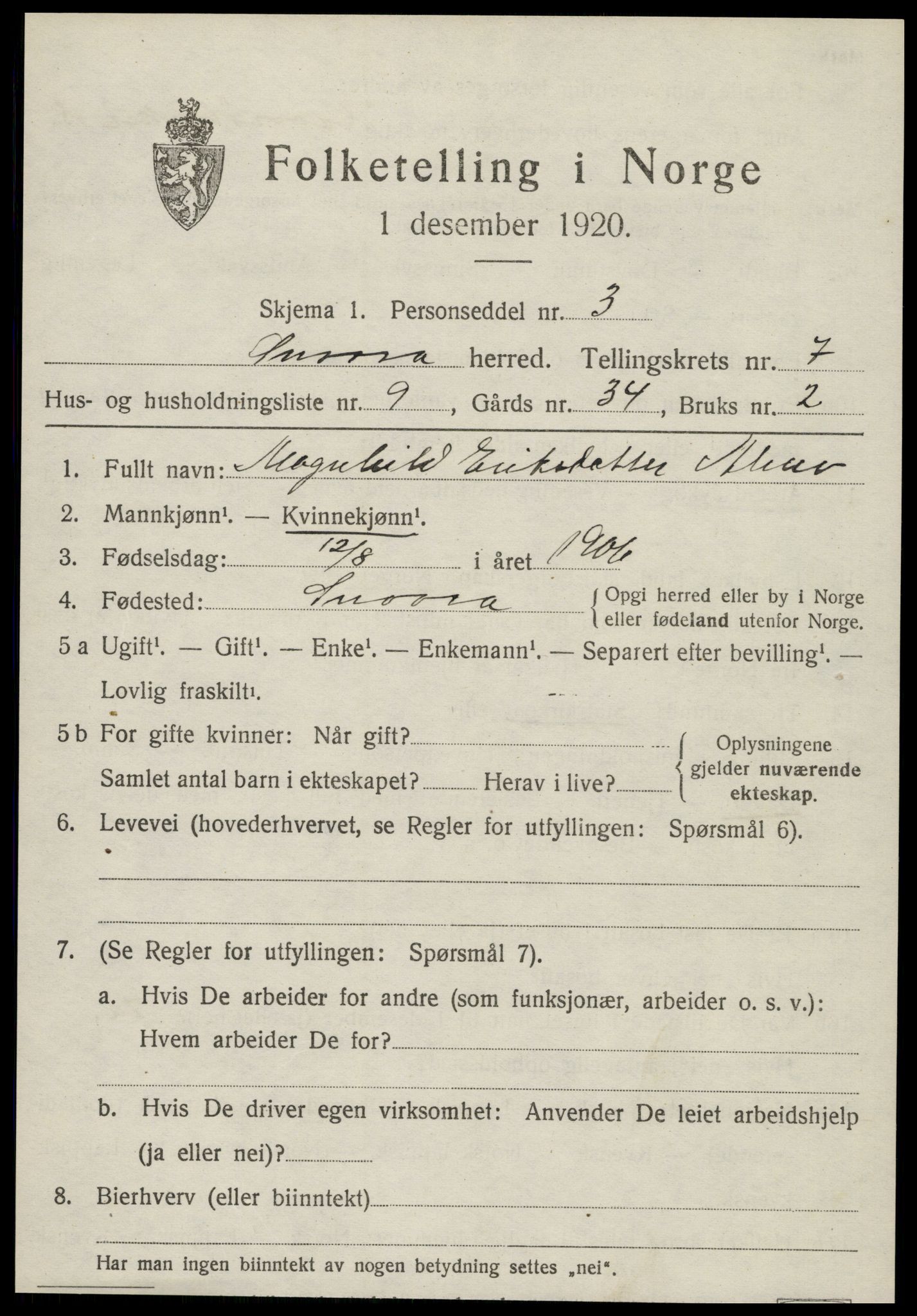 SAT, 1920 census for Snåsa, 1920, p. 3026