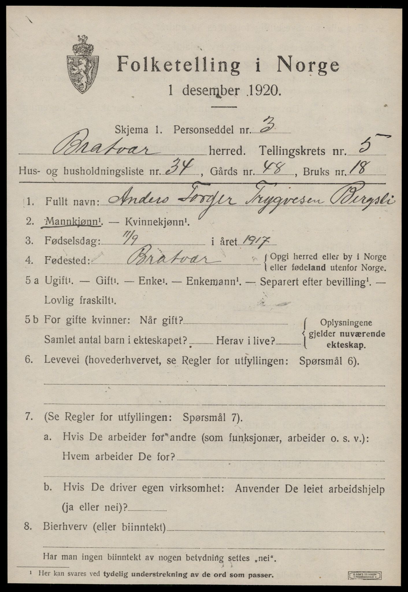 SAT, 1920 census for Brattvær, 1920, p. 2788