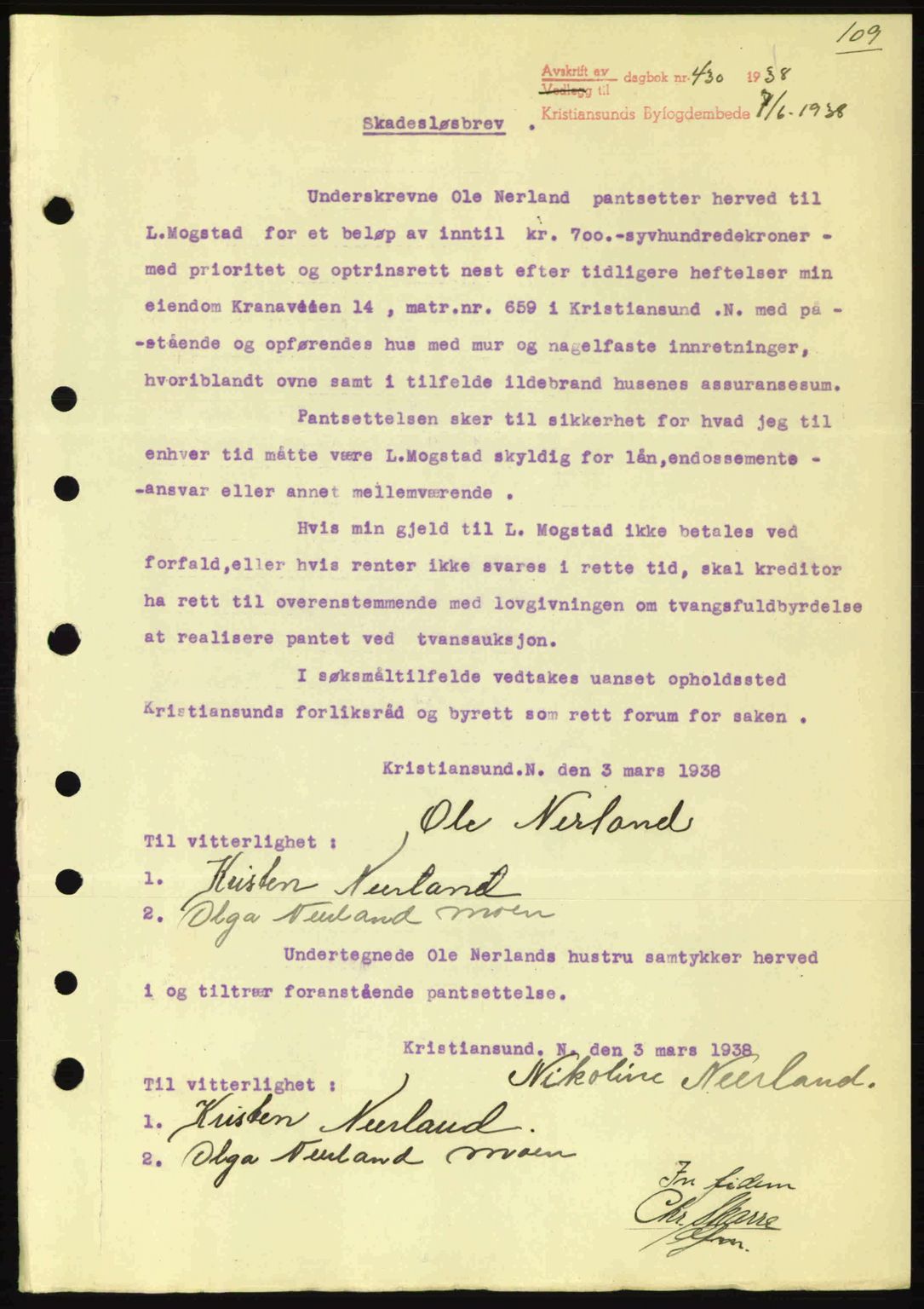 Kristiansund byfogd, AV/SAT-A-4587/A/27: Mortgage book no. 31, 1938-1939, Diary no: : 430/1938