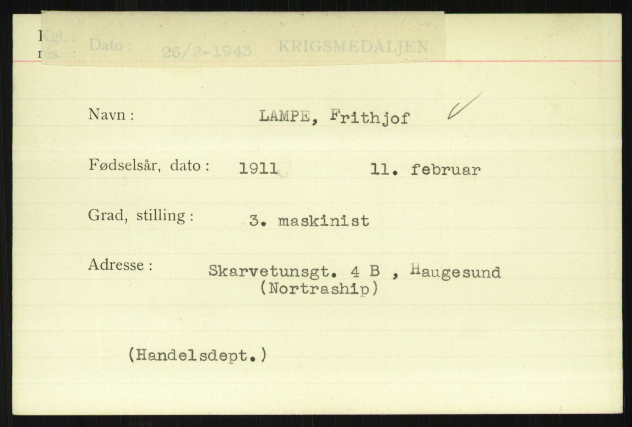 Direktoratet for sjømenn, AV/RA-S-3545/G/Gi/L0007: Kartotek over krigsdekorasjoner tildelt nordmenn under krigen, 1940-1945, p. 331